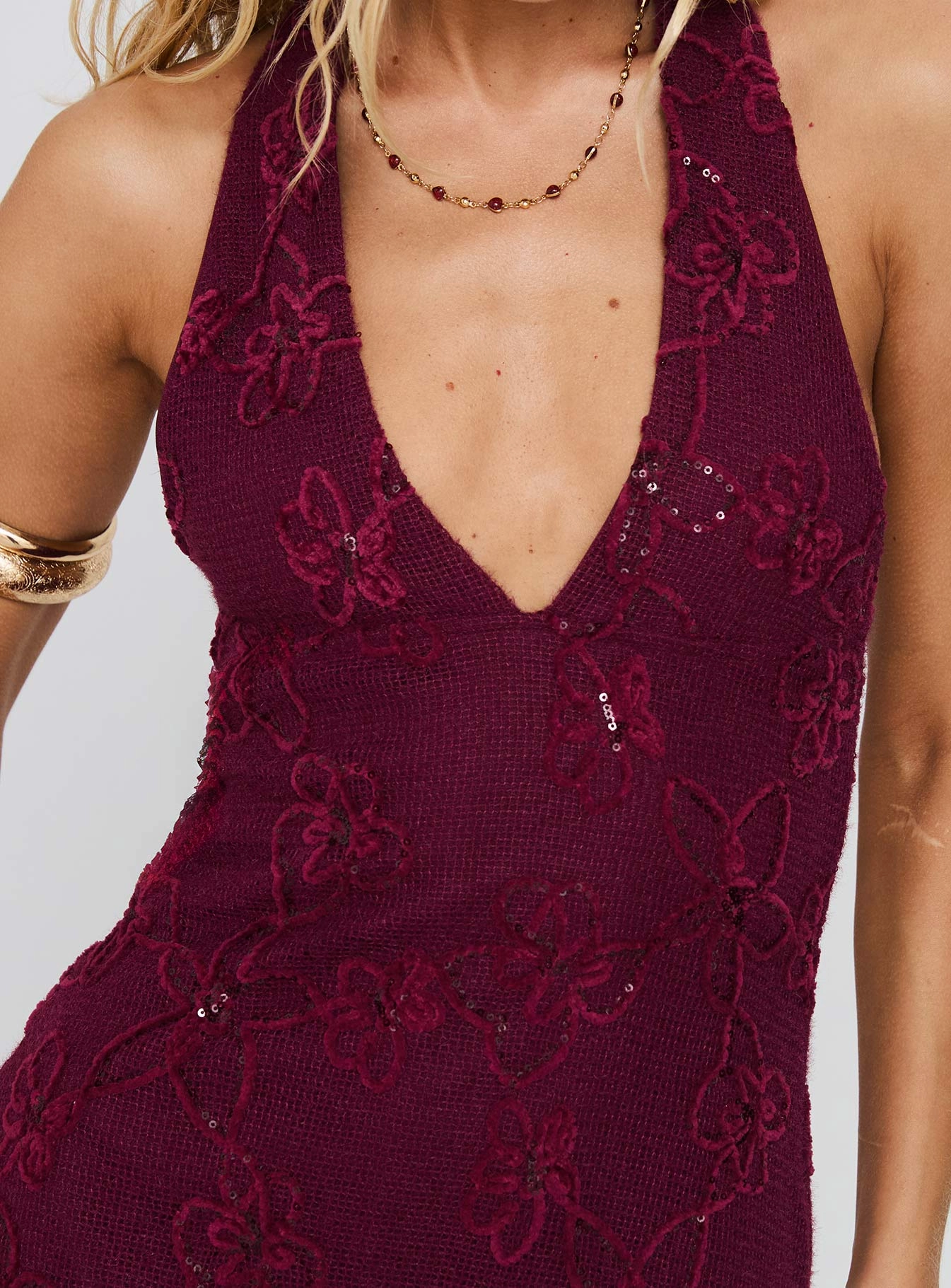 Petal Zone Codami Halter Sequin Mini Dress Burgundy