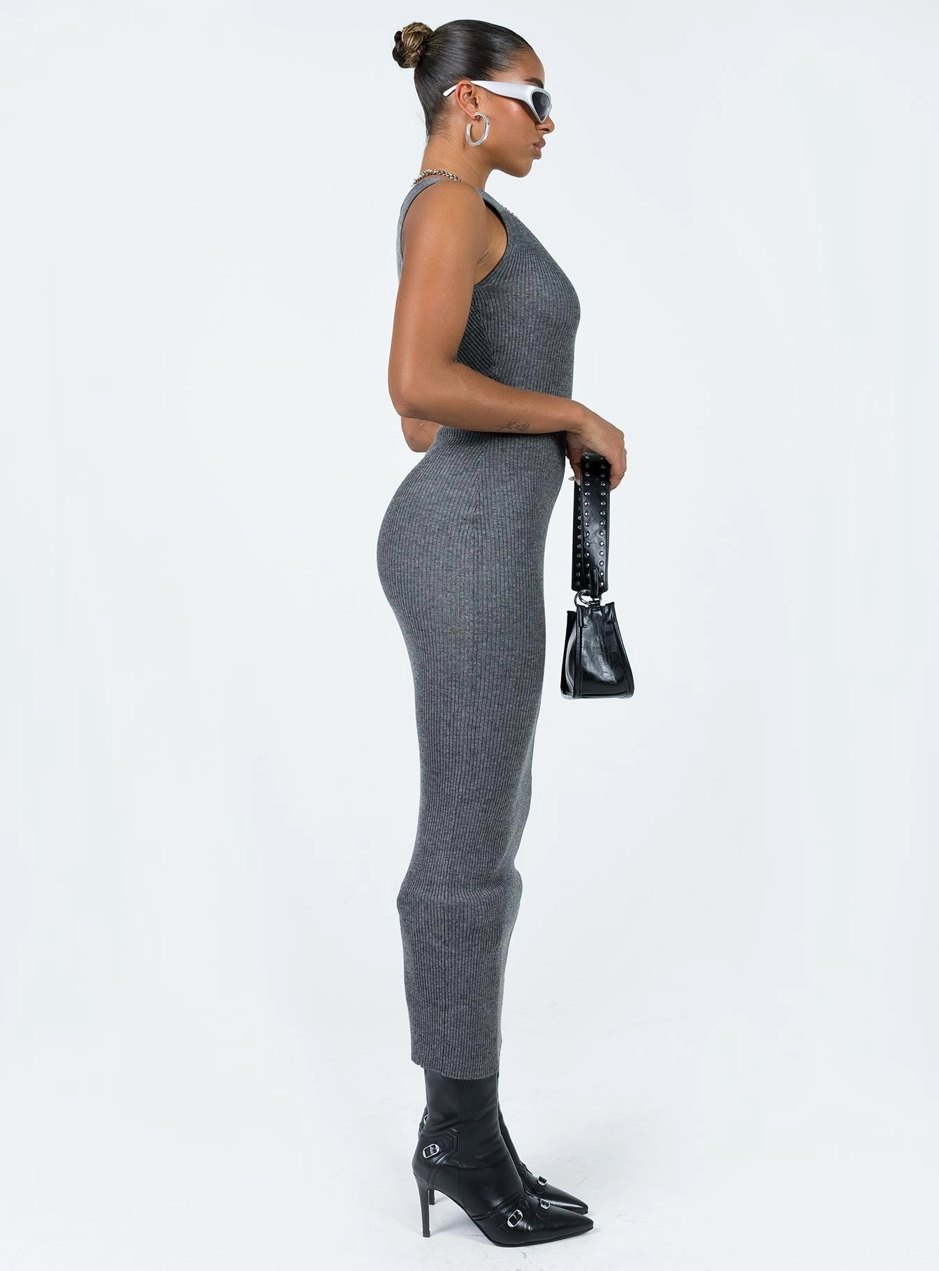 Glossy-Finish Natural Form Hyda Midi Dress Slate