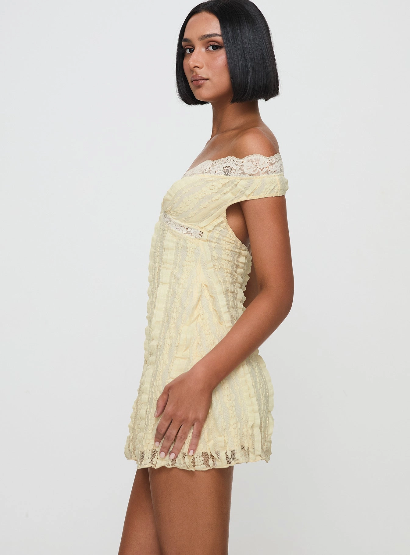 Bonnin Off The Shoulder Lace Mini Dress Yellow Chilly Weather Comfort