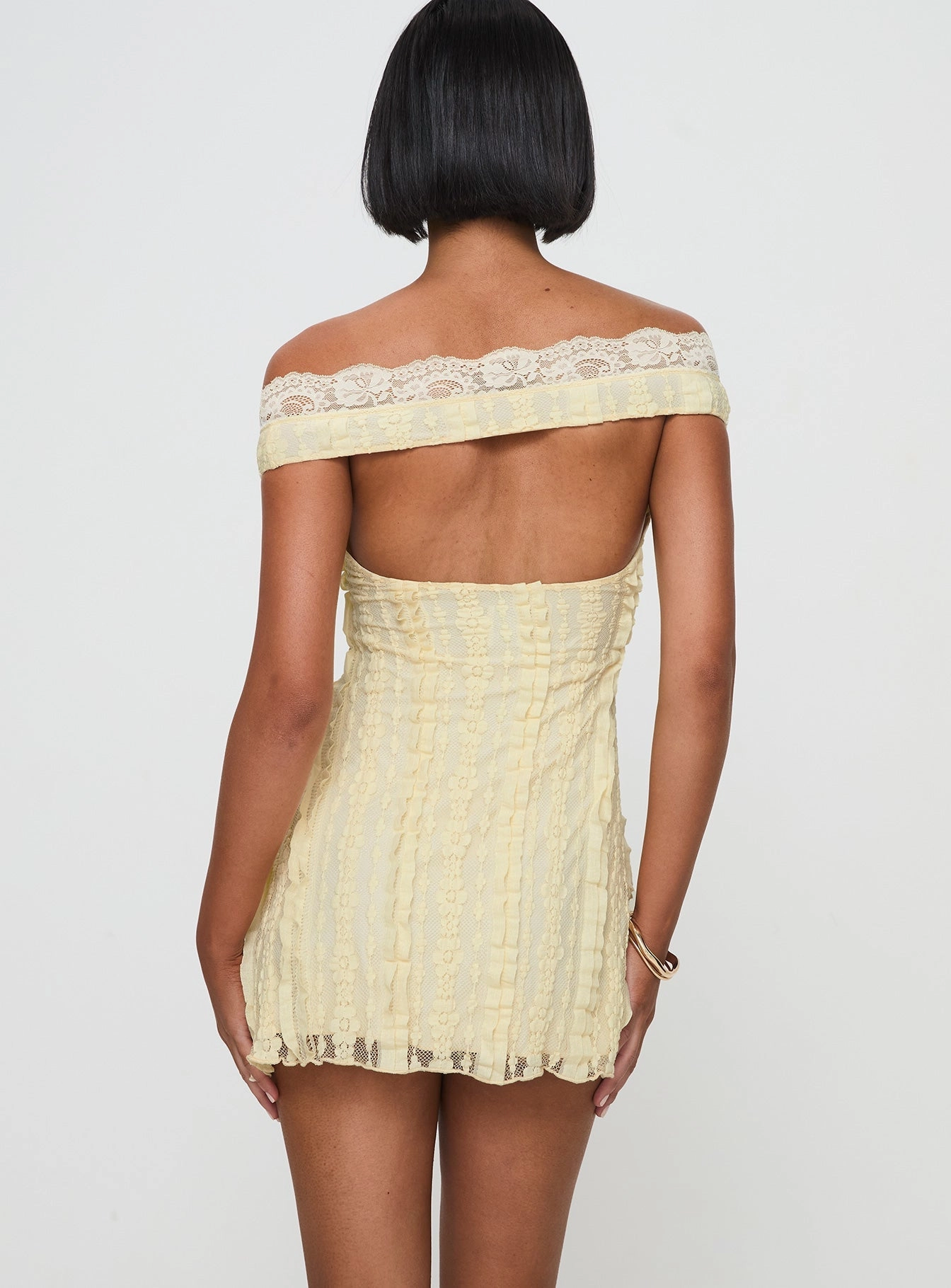 Bonnin Off The Shoulder Lace Mini Dress Yellow Gentle Texture