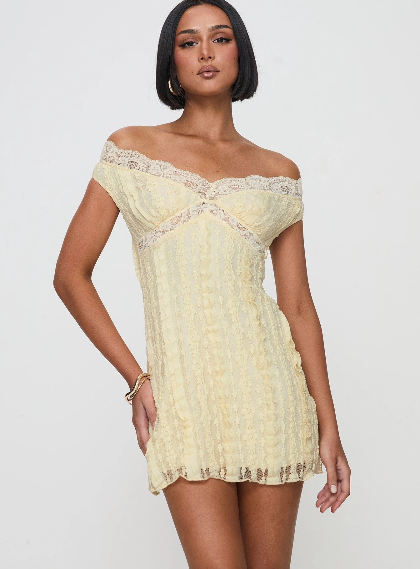 Bonnin Off The Shoulder Lace Mini Dress Yellow Dry-Clean-Only