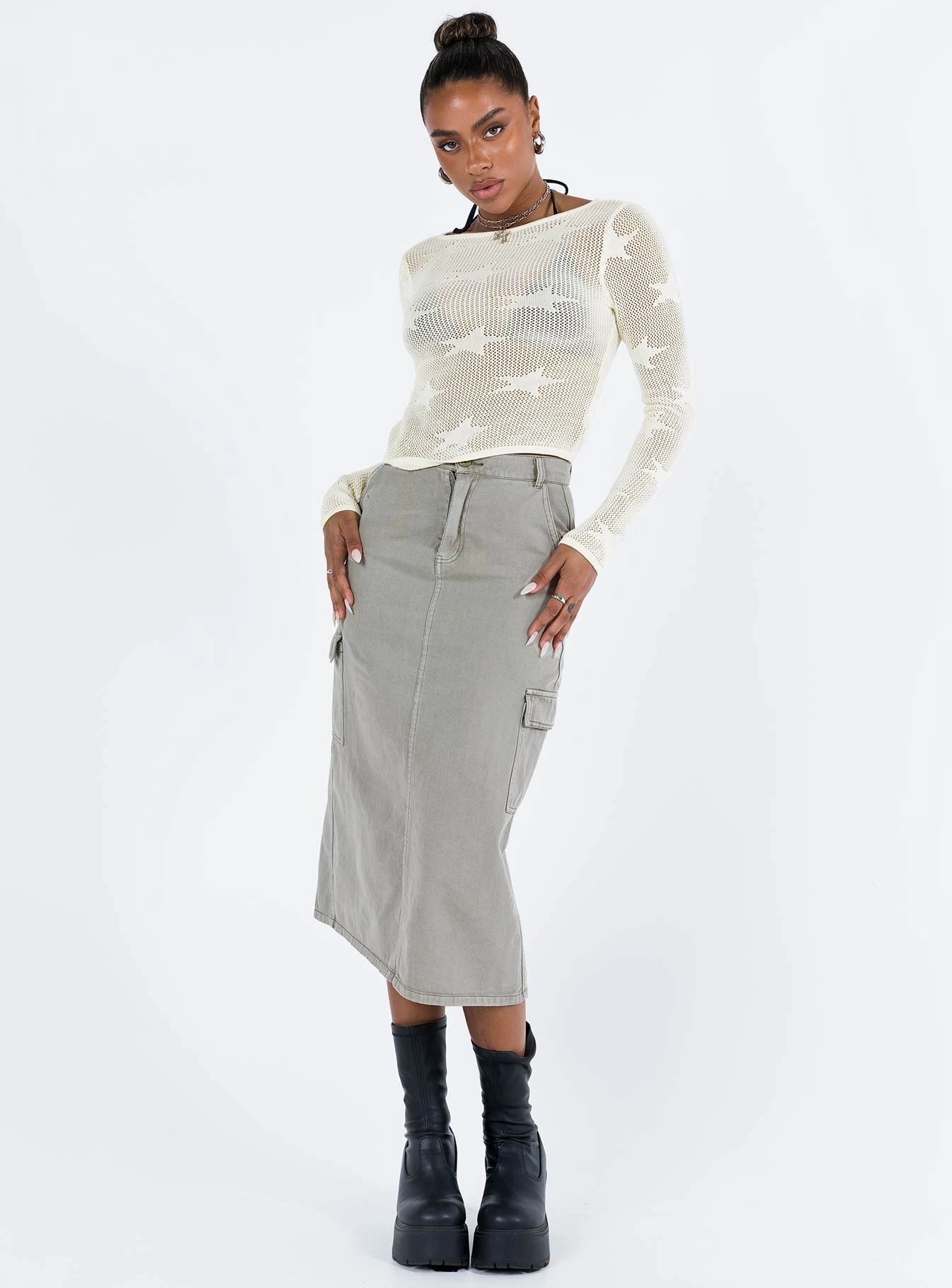 Jacko Midi Cargo Skirt Olive Green lace accents Weekend Favorite