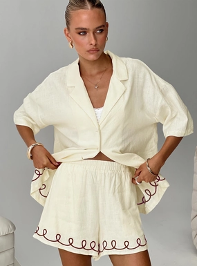 Jamari Linen Blend Shorts Cream / Brown Designer Style Breathable Performance Fit
