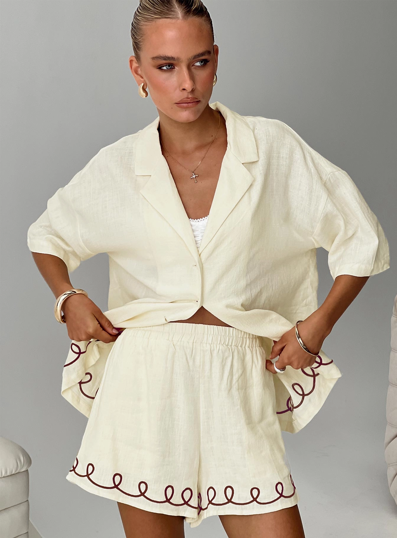 Jamari Linen Blend Shorts Cream / Brown Designer Style Breathable Performance Fit