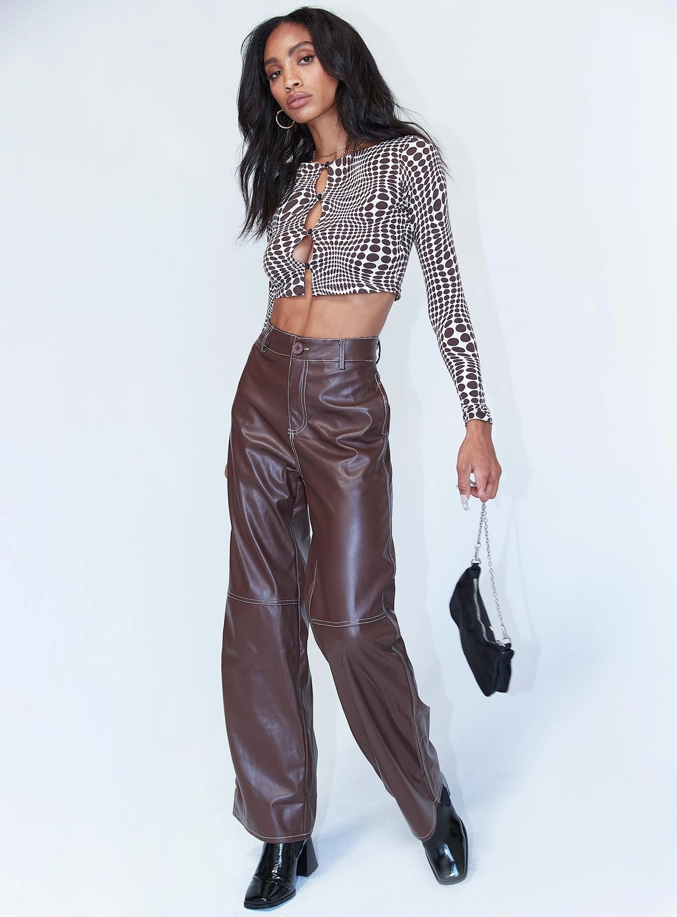 Comfort Fit Jaylan Constrast PU Pants Brown