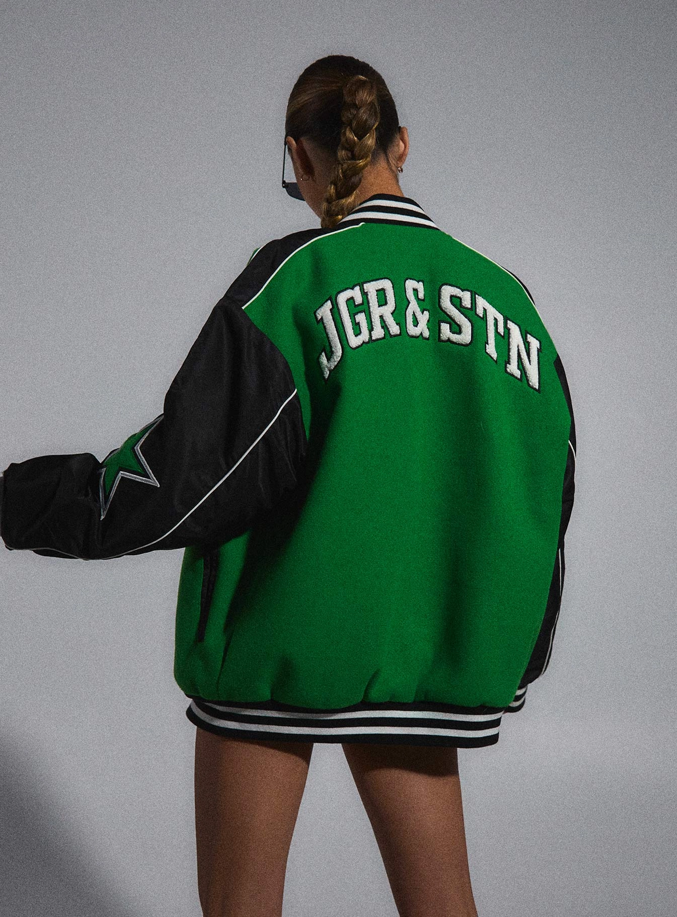 JGR & STN Hailey Letterman Bomber Jacket Green/Black Versatile Fit Layer Moisture Control Fibers