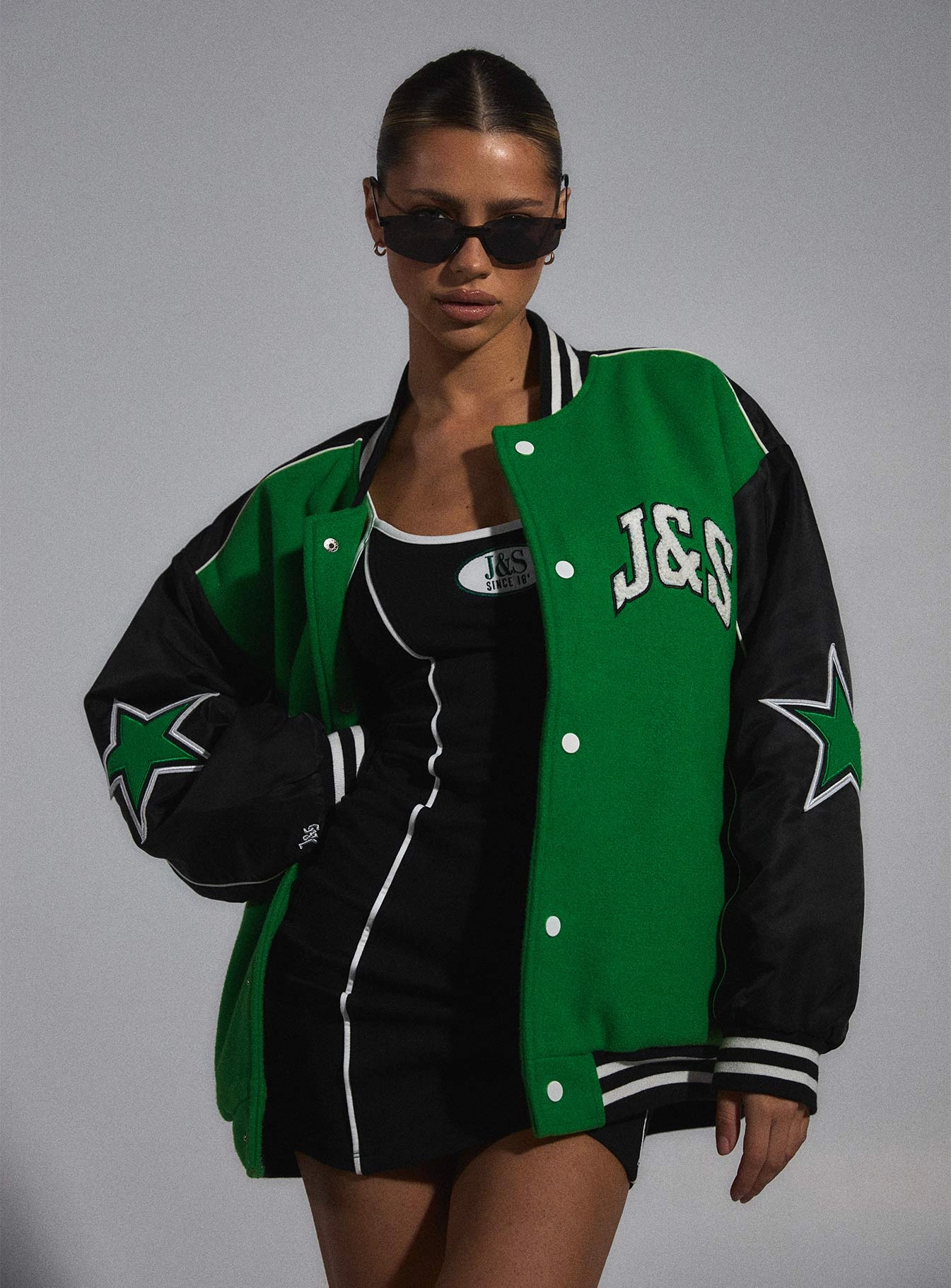 Flexible Daily Fit JGR & STN Hailey Letterman Bomber Jacket Green/Black
