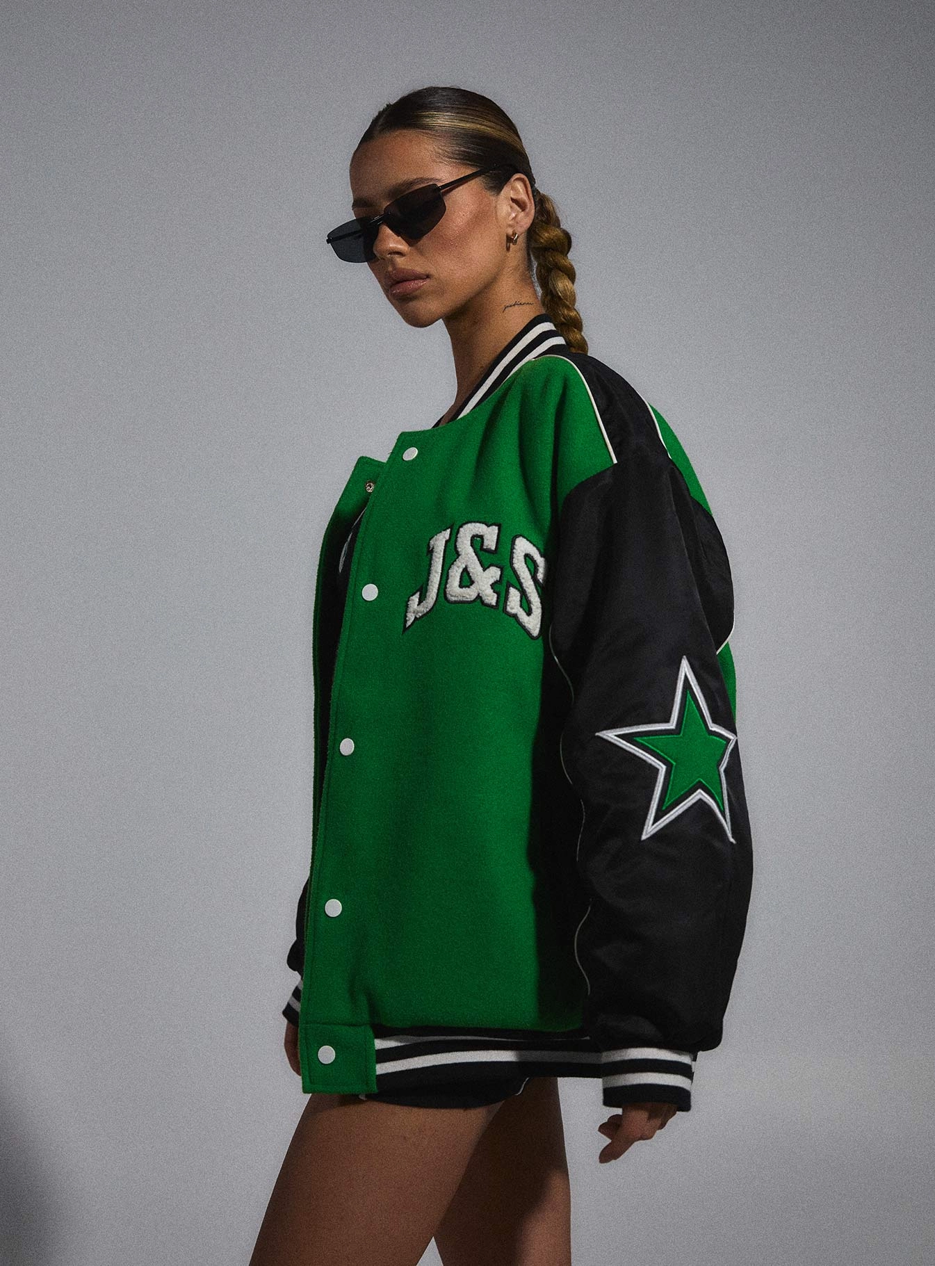 JGR & STN Hailey Letterman Bomber Jacket Green/Black Pastel Shade