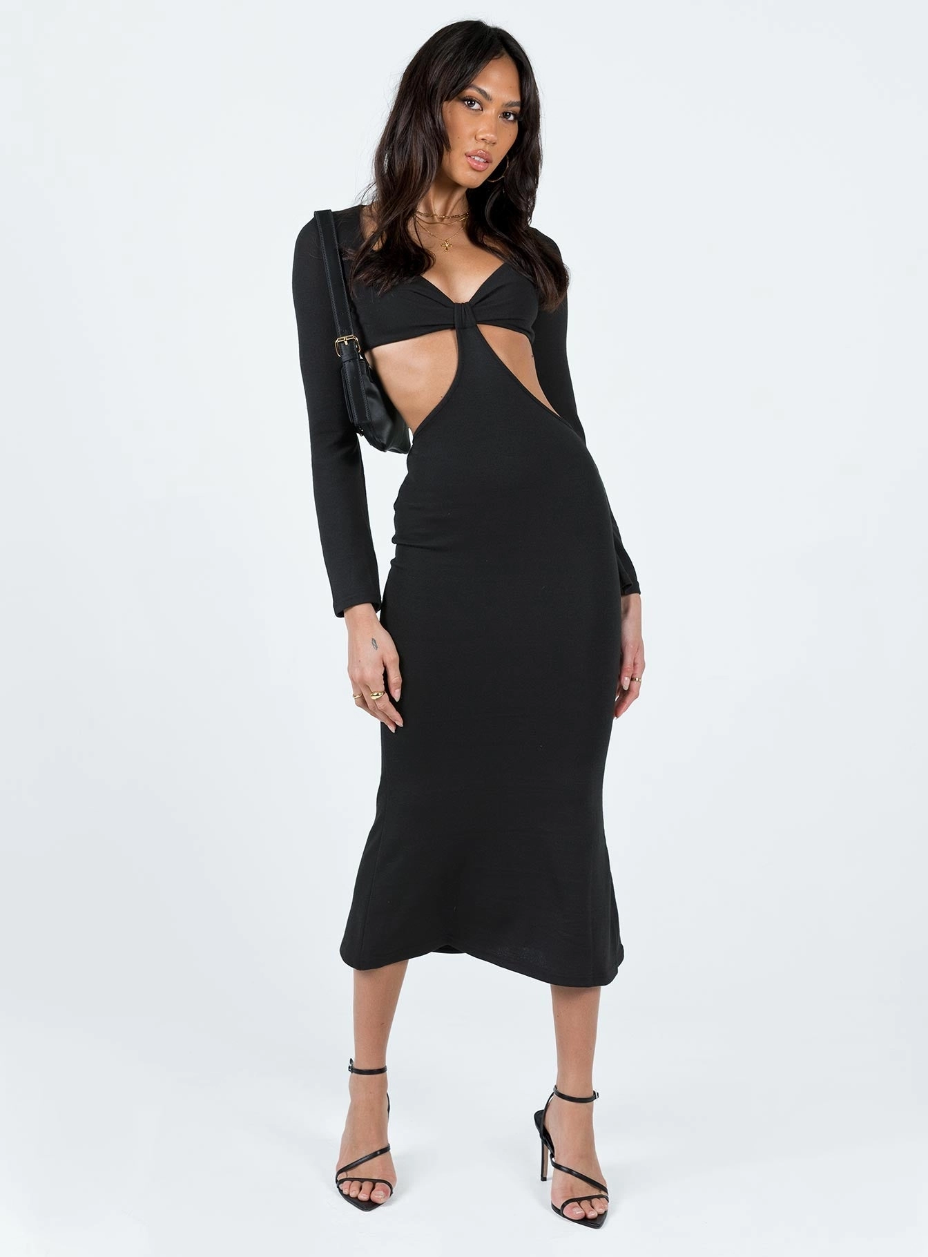 Jocelyn Cut Out Long Sleeve Midi Dress Black Relax Appeal Puff-Sleeve
