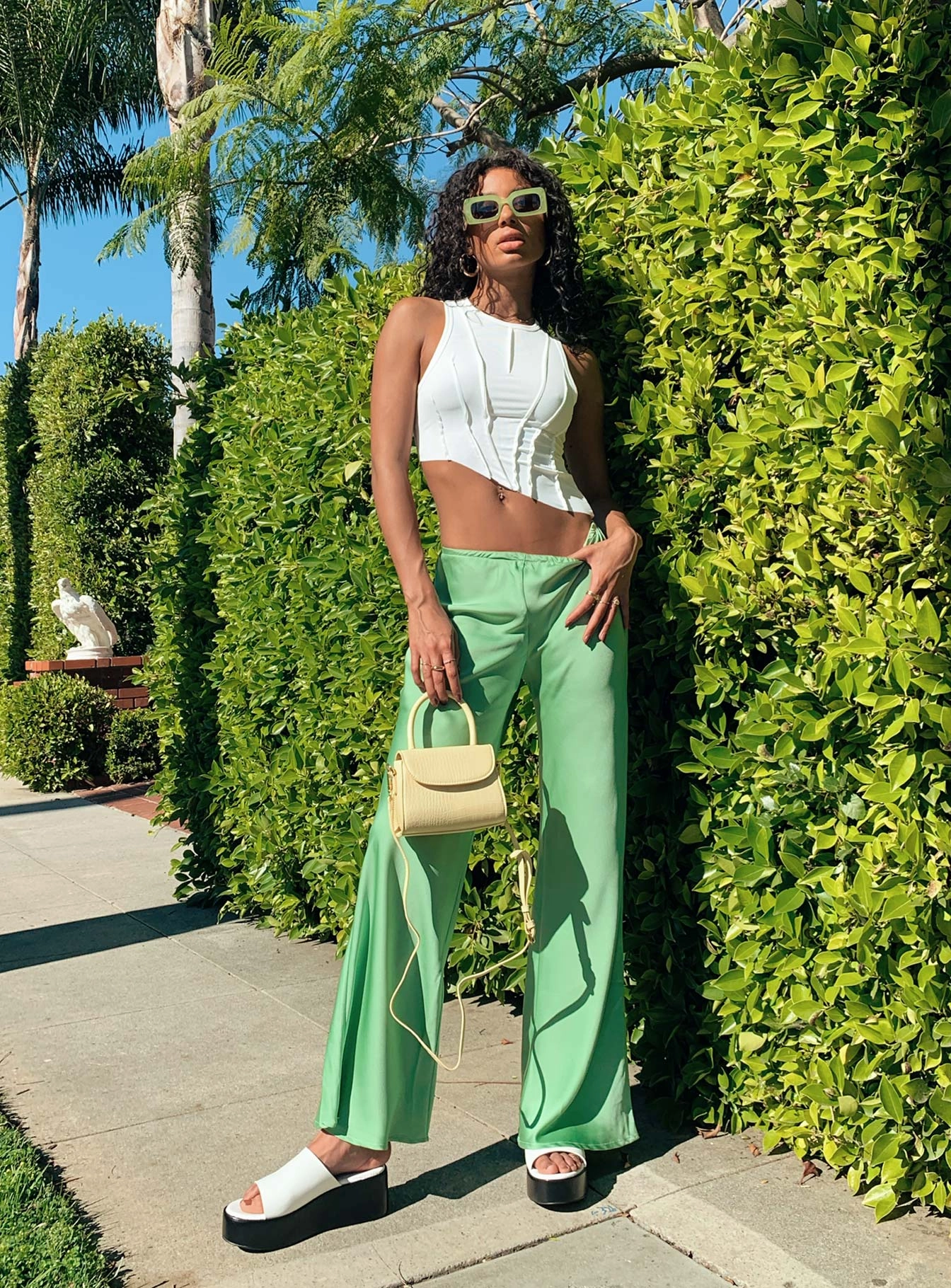 Stretchable Design Hygienic Inner Layer Joshua Low Rise Wide Leg Pants Green