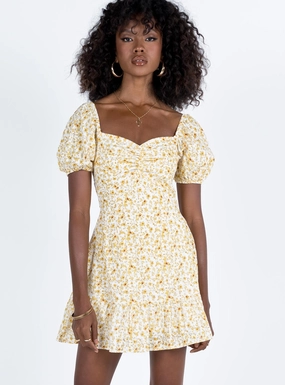 Airy Weave Kaori Mini Dress Yellow Floral