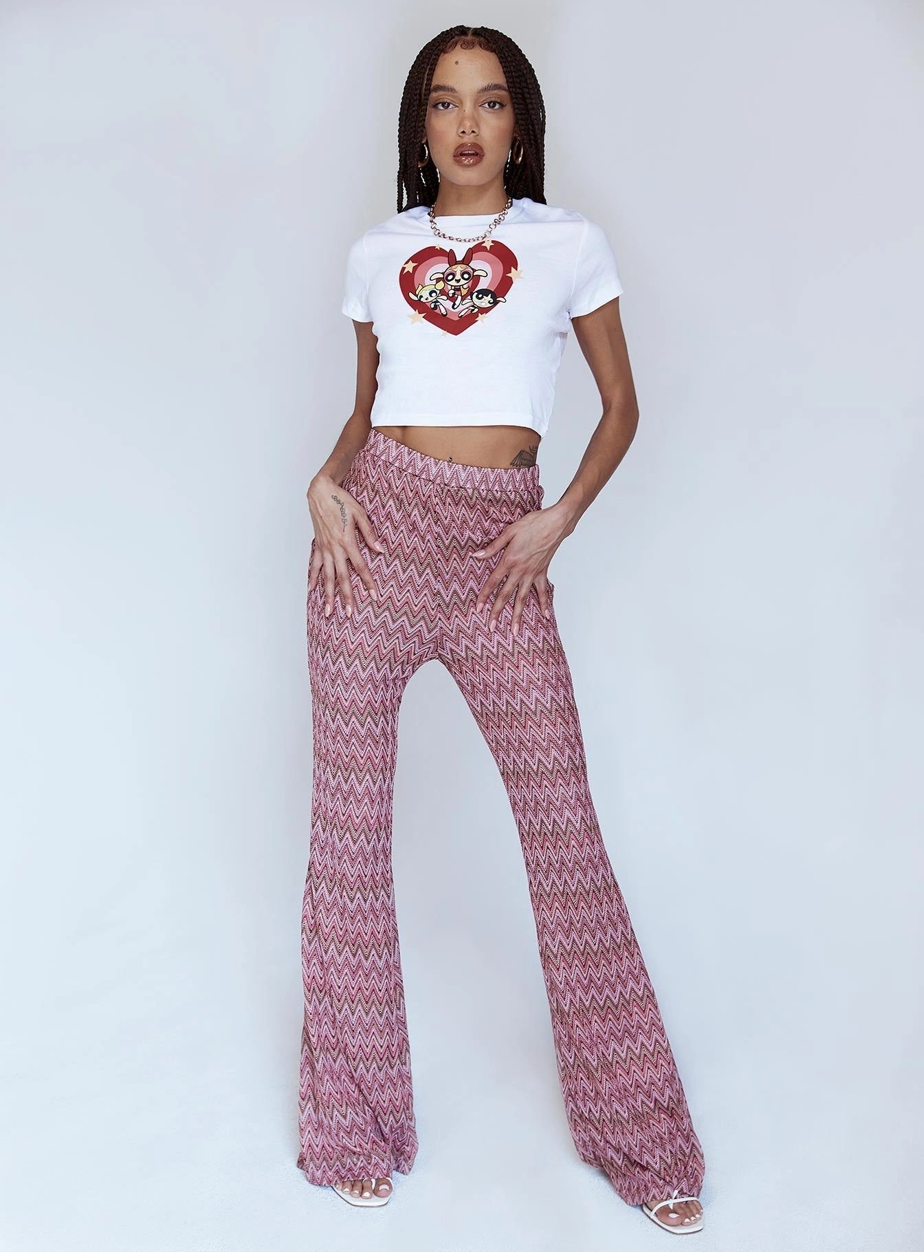 Tear Resistant Design Relaxed Comfort Look Karmen Chevron Knit Flare Pants Pink