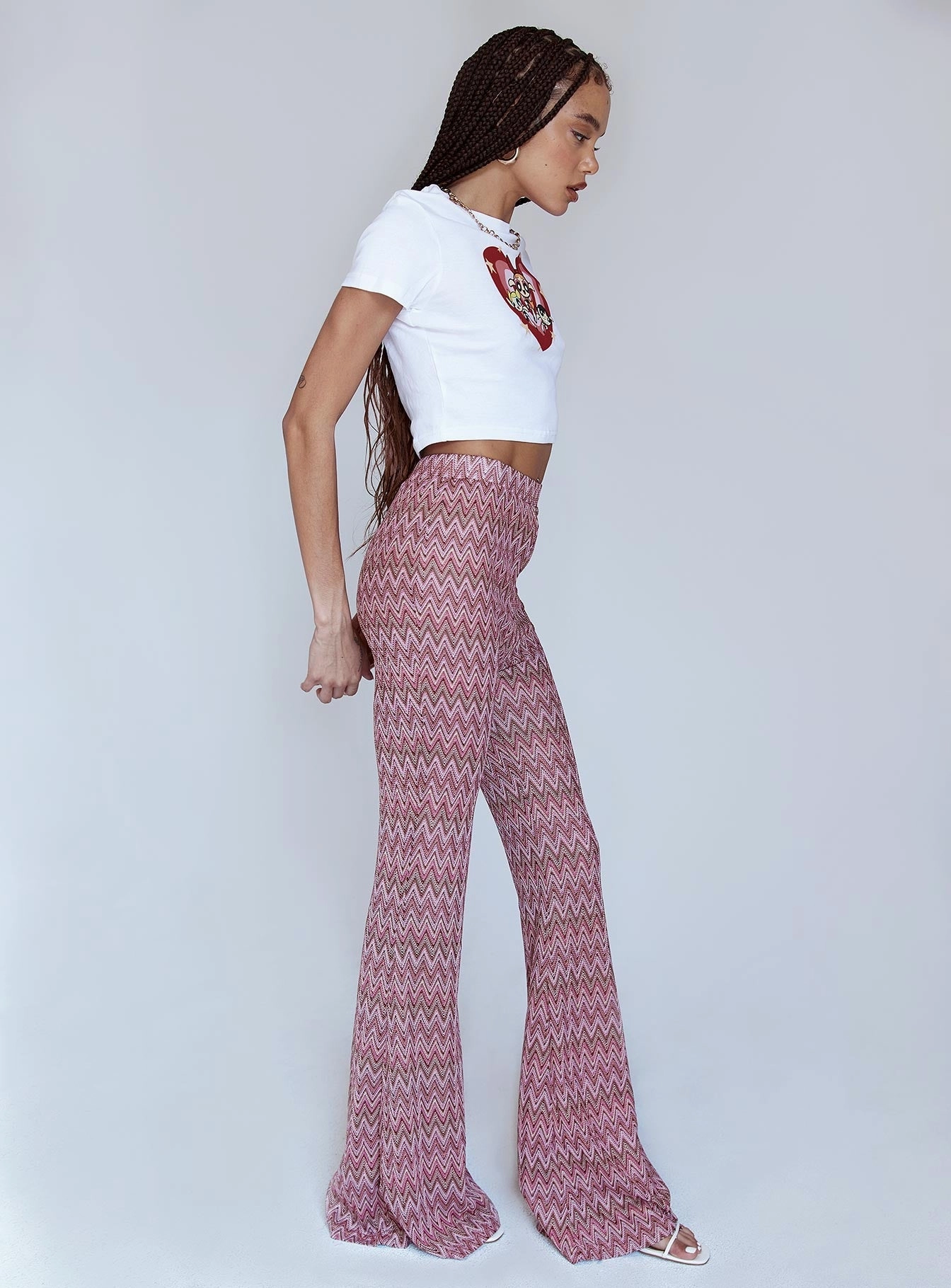 Karmen Chevron Knit Flare Pants Pink Relaxed Lines Stain Resistant