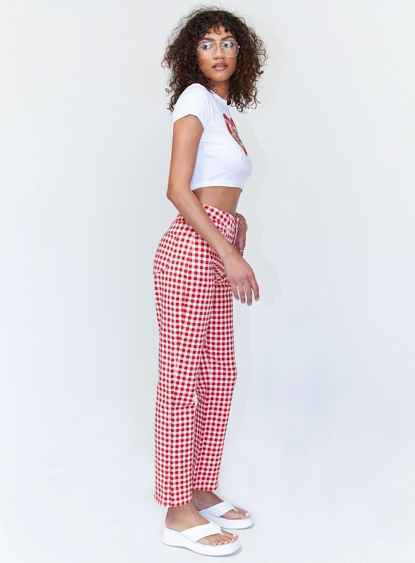 Kendra Gingham Denim Jeans Red Relaxed Taper Style Match