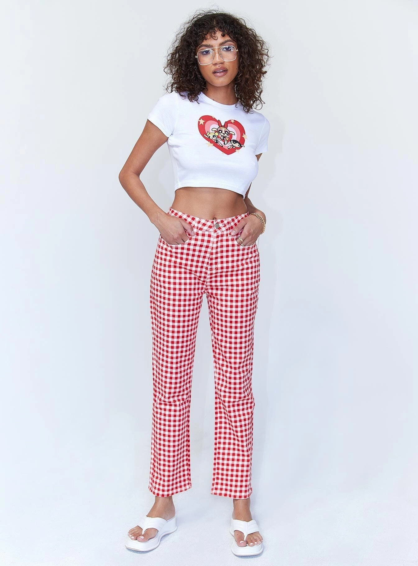 Kendra Gingham Denim Jeans Red Stylish Fit Earthy Modern Minimalist Office Wear