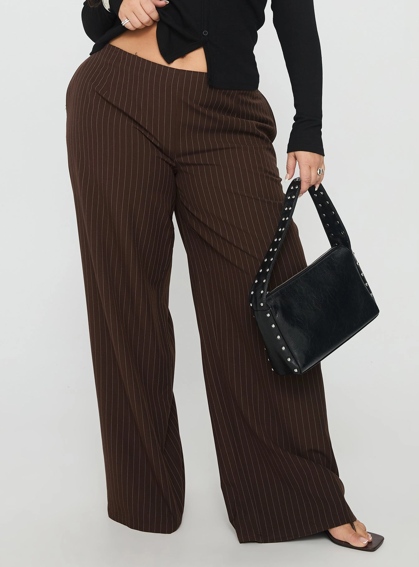Khane Low Rise Wide Leg Pant Brown Pinstripe Curve Comfortable Design