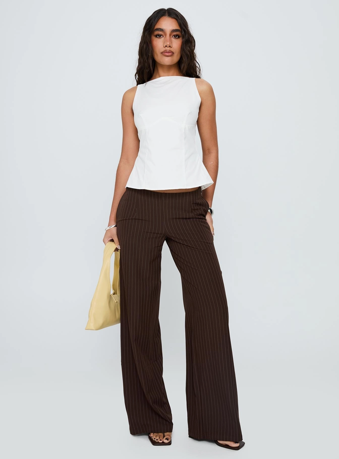 Chic Design Khane Low Rise Wide Leg Pant Brown Pinstripe
