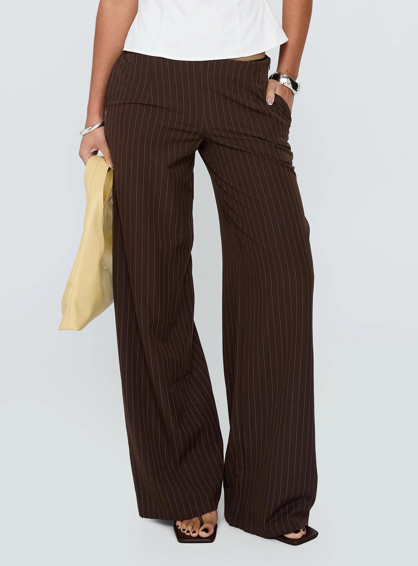 Casual Chic Thermal regulation Khane Low Rise Wide Leg Pant Brown Pinstripe