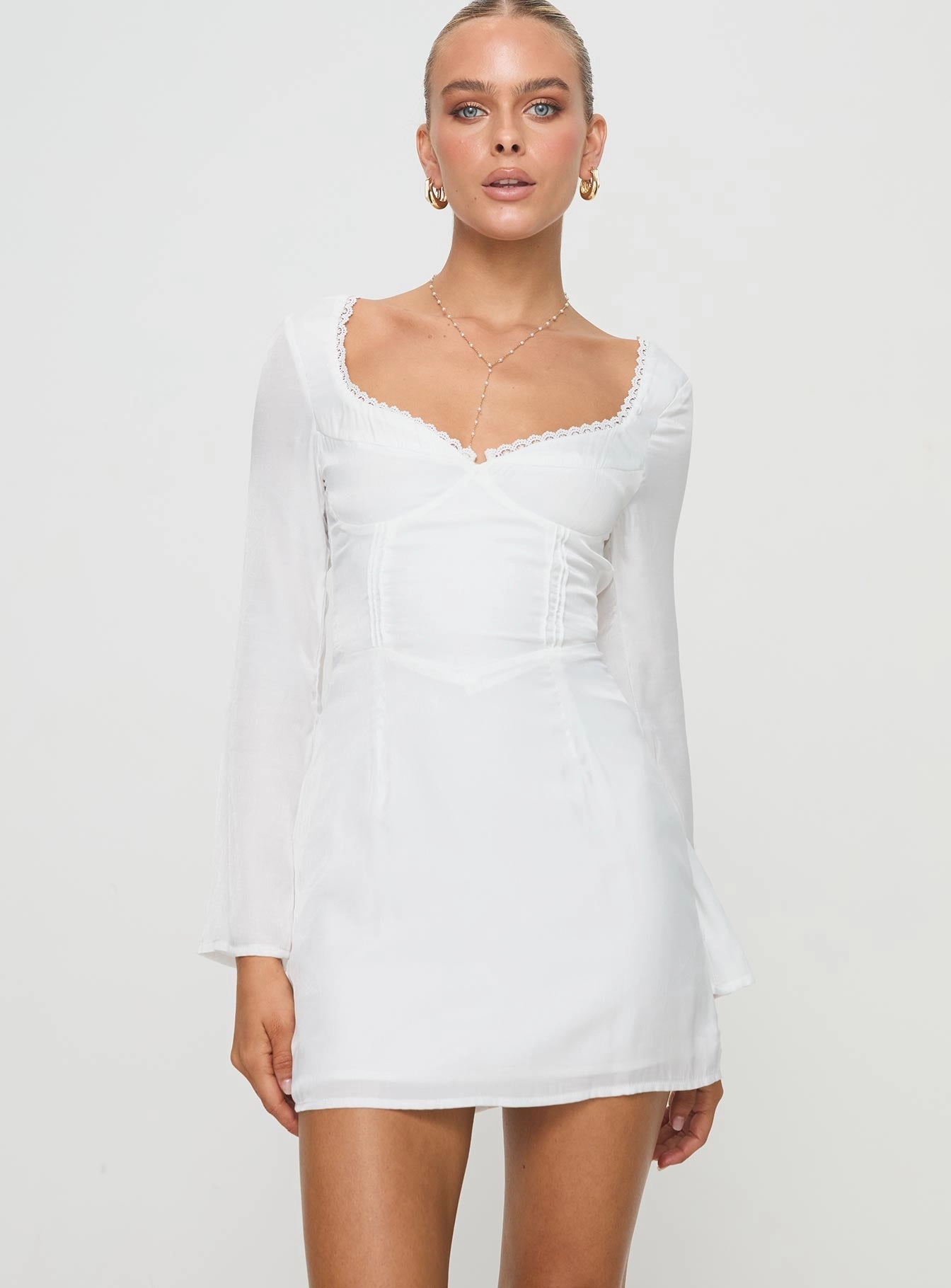 Lyna Long Sleeve Mini Dress White Soft cotton blend dress