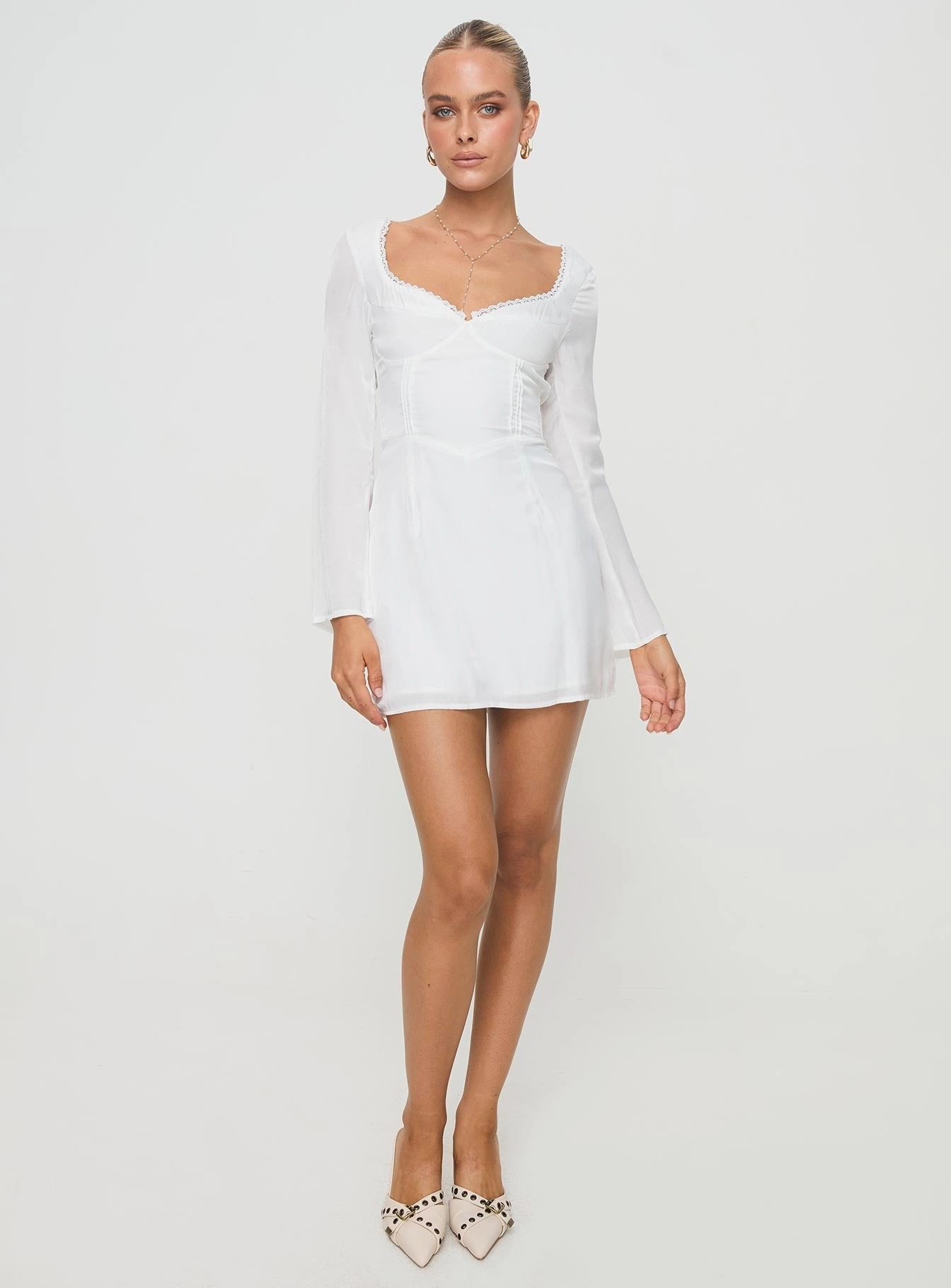 Lower Hem Lyna Long Sleeve Mini Dress White