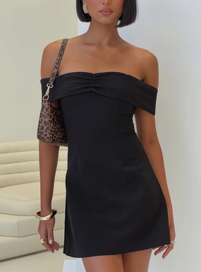 Lanes Off The Shoulder Mini Dress Black Casual Lines Pleat-Front