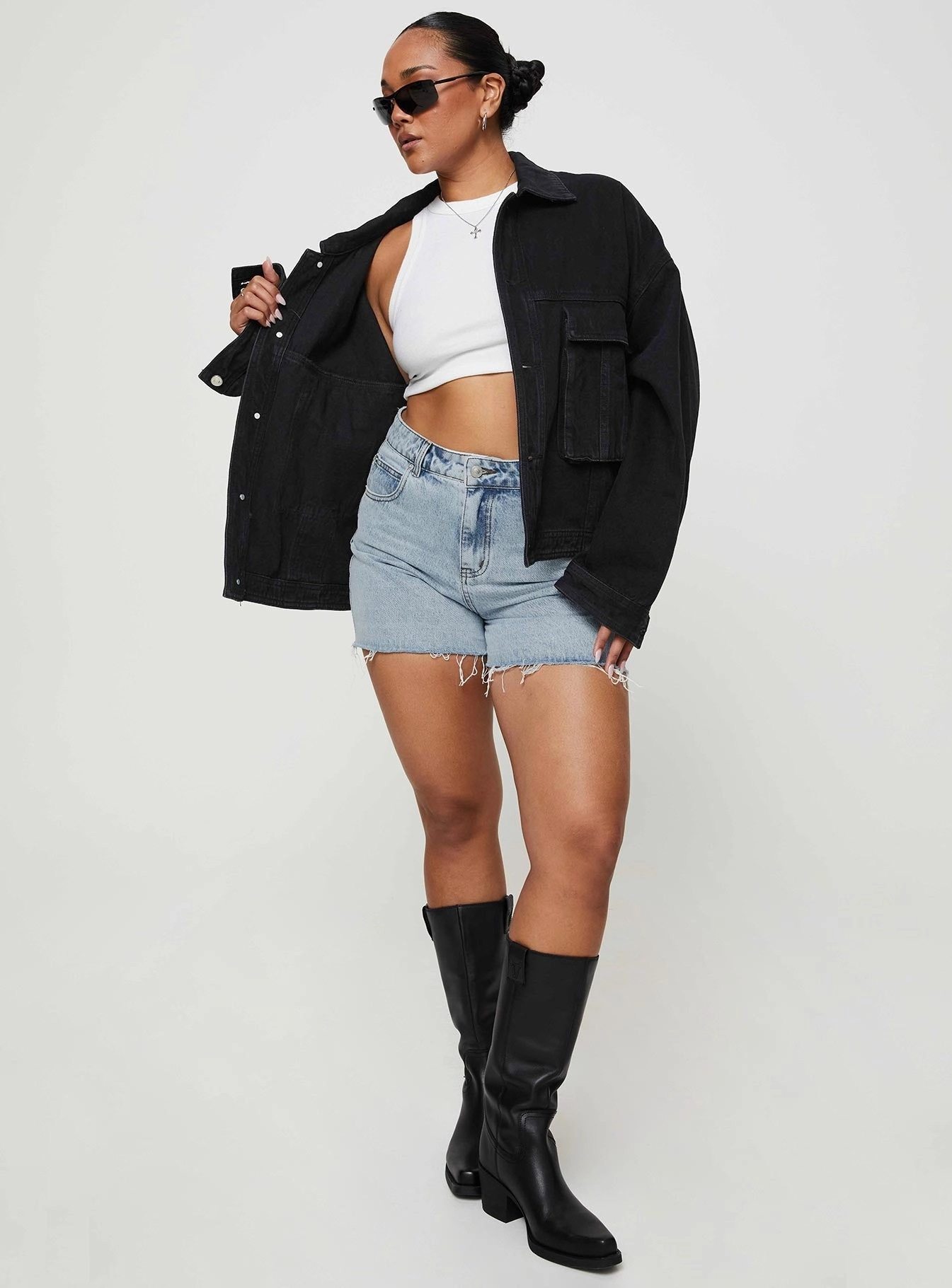 Laurena Denim Shorts Breathable Mesh Panels Stretchy Hemline