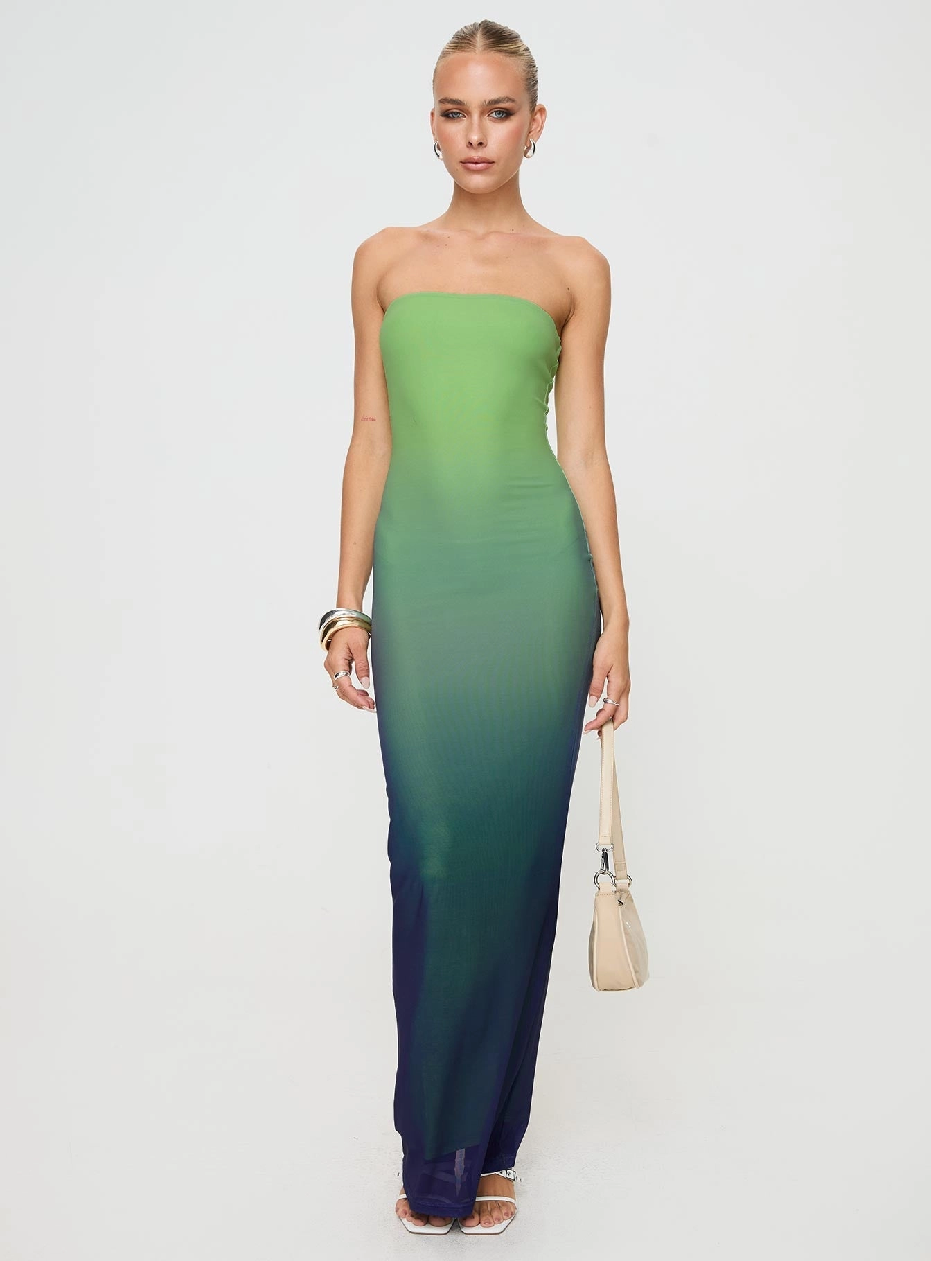 Stolen Love Strapless Maxi Dress Blue / Green Ombre Petite Flow Sleeve Casual Days