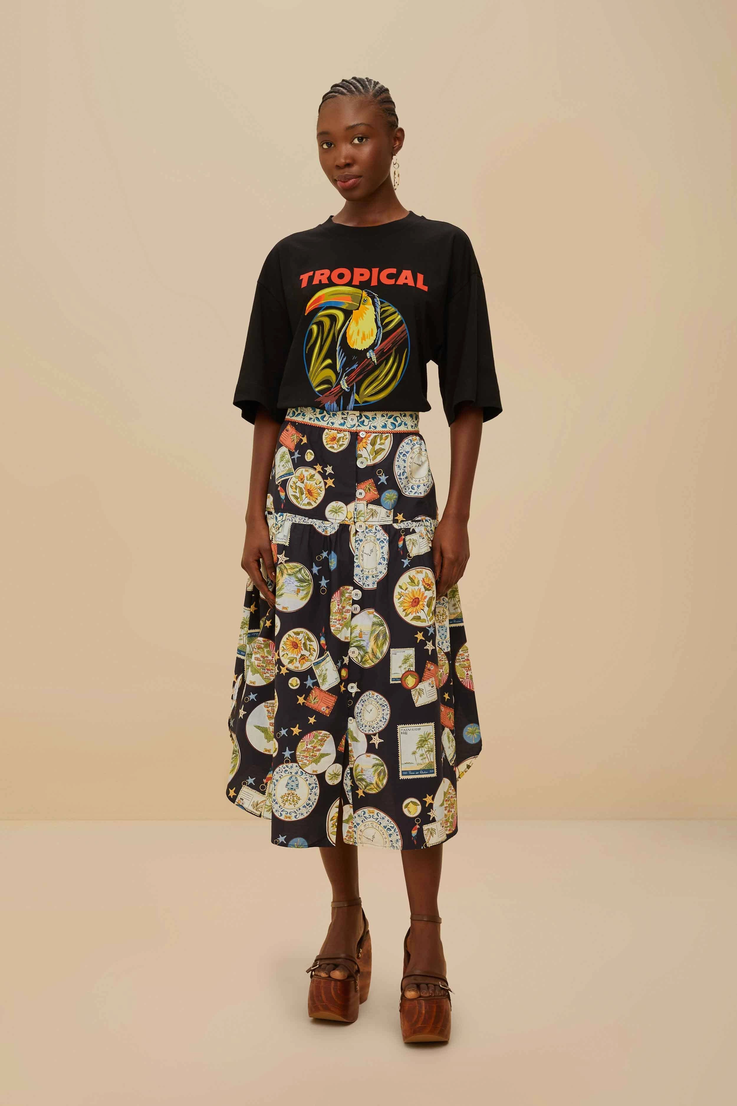 Black Tropical Organic Cotton T-Shirt Smooth Neckline