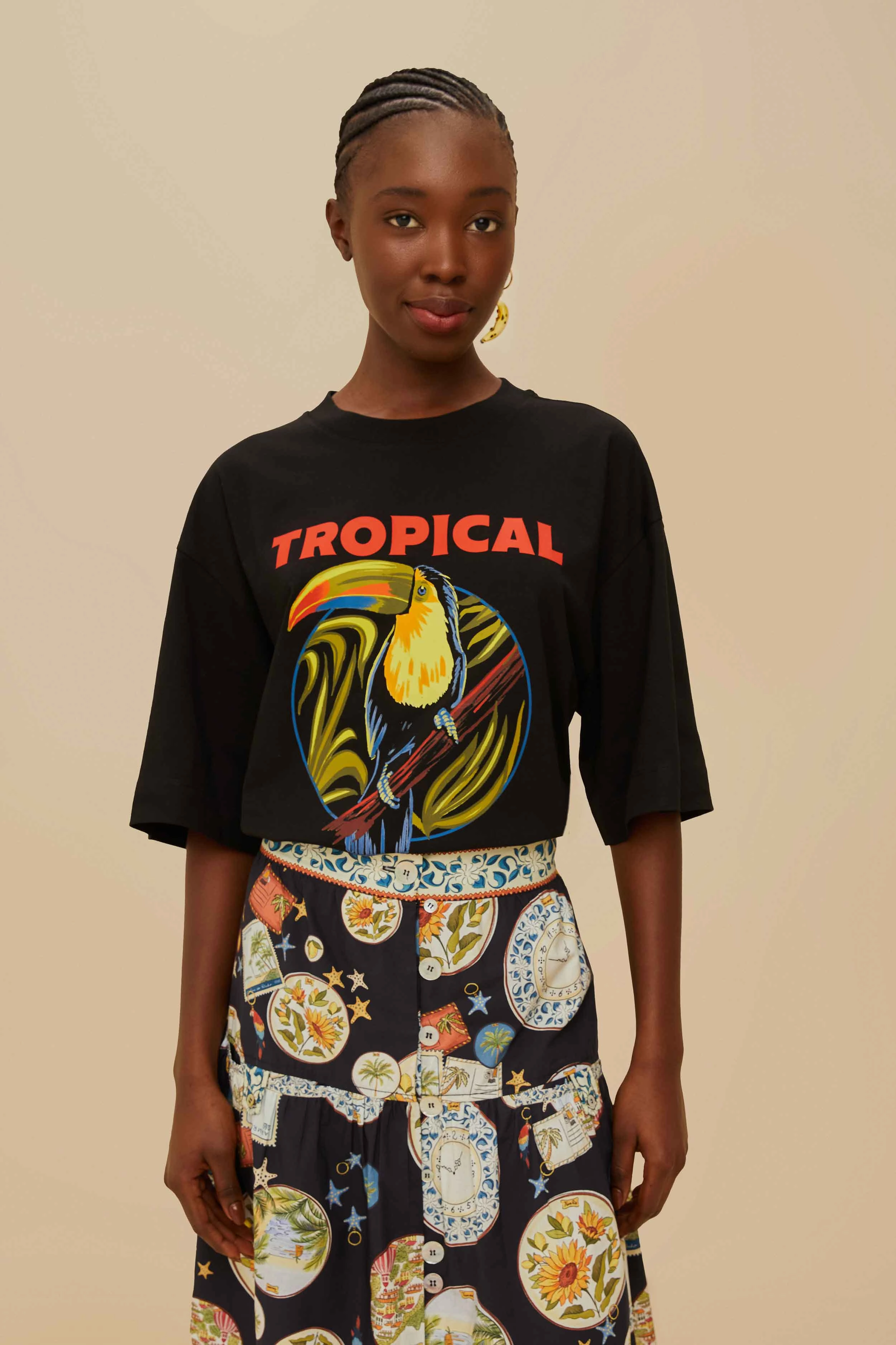 Multi Directional Stretch Daily Trend Black Tropical Organic Cotton T-Shirt