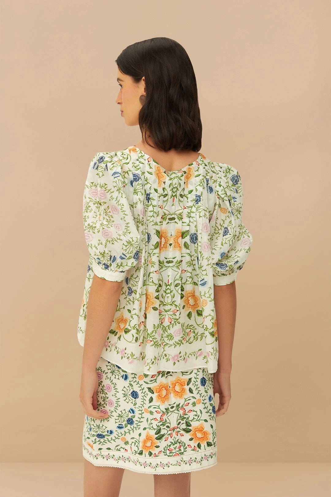 Handmade Quality Resort Vacation Off-White Folk Floral Mini Skirt