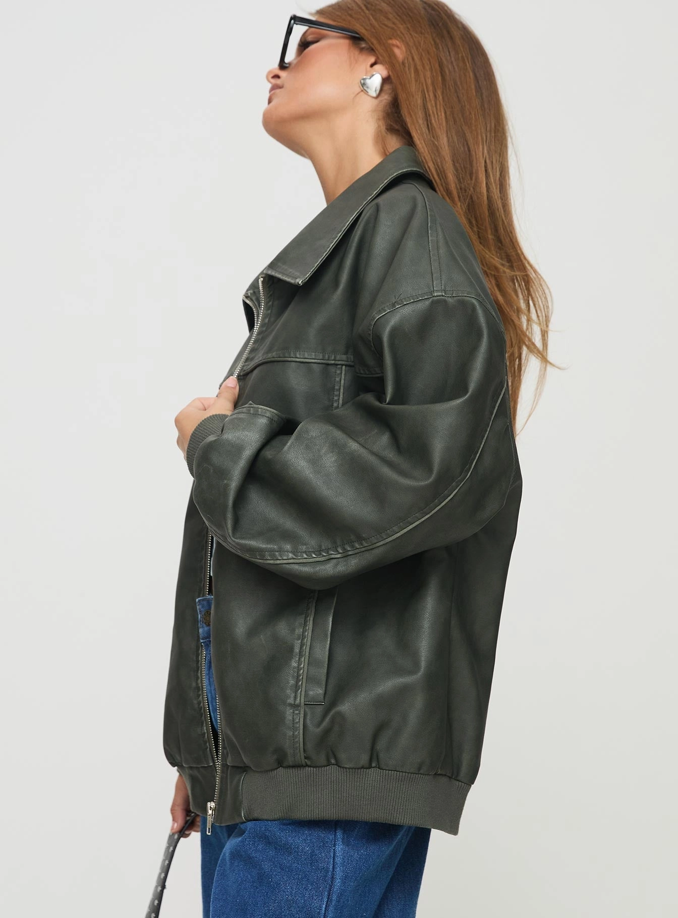 Goldsmith Faux Leather Bomber Jacket Washed Forest DetachableLining