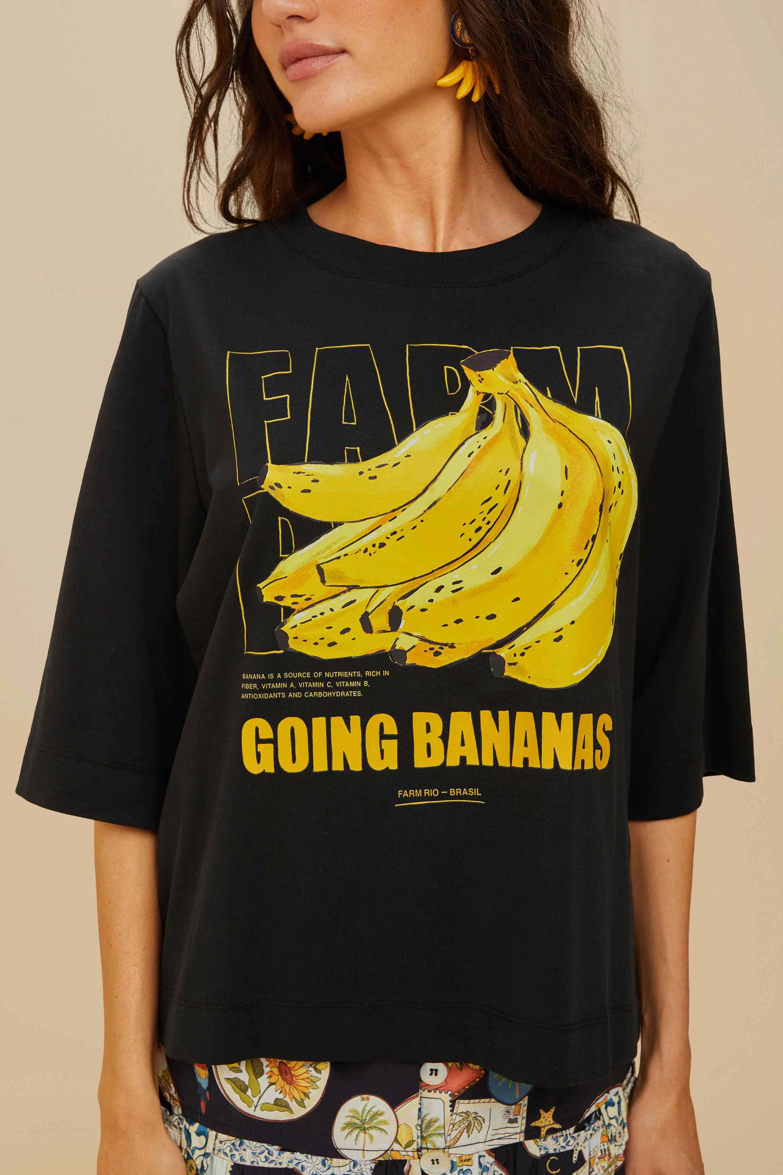 Black Tropical Bananas Organic Cotton T-Shirt V neck Sporty Comfort