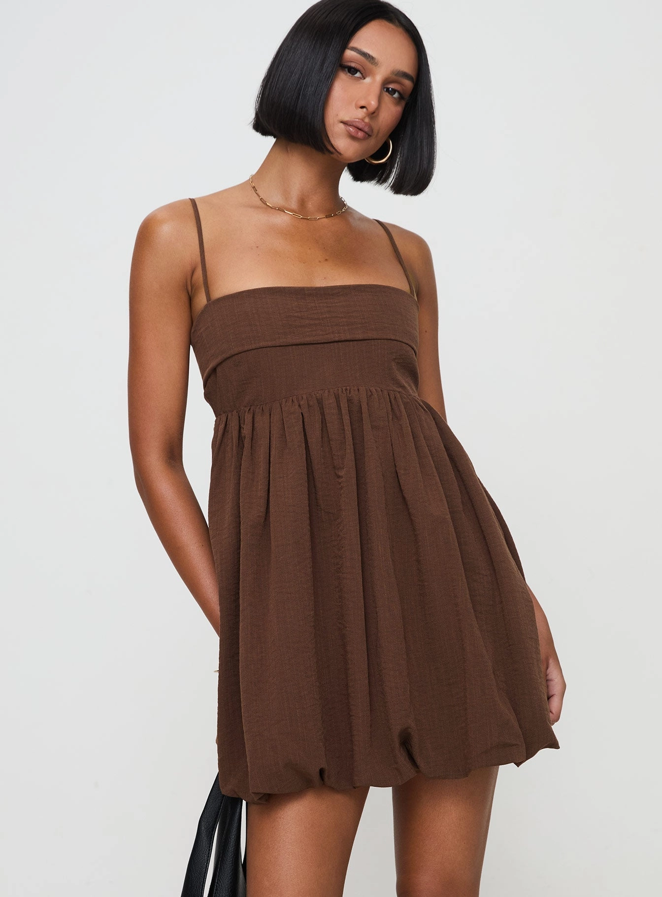 relaxed elegance Street Casual Layken Bubble Hem Mini Dress Chocolate