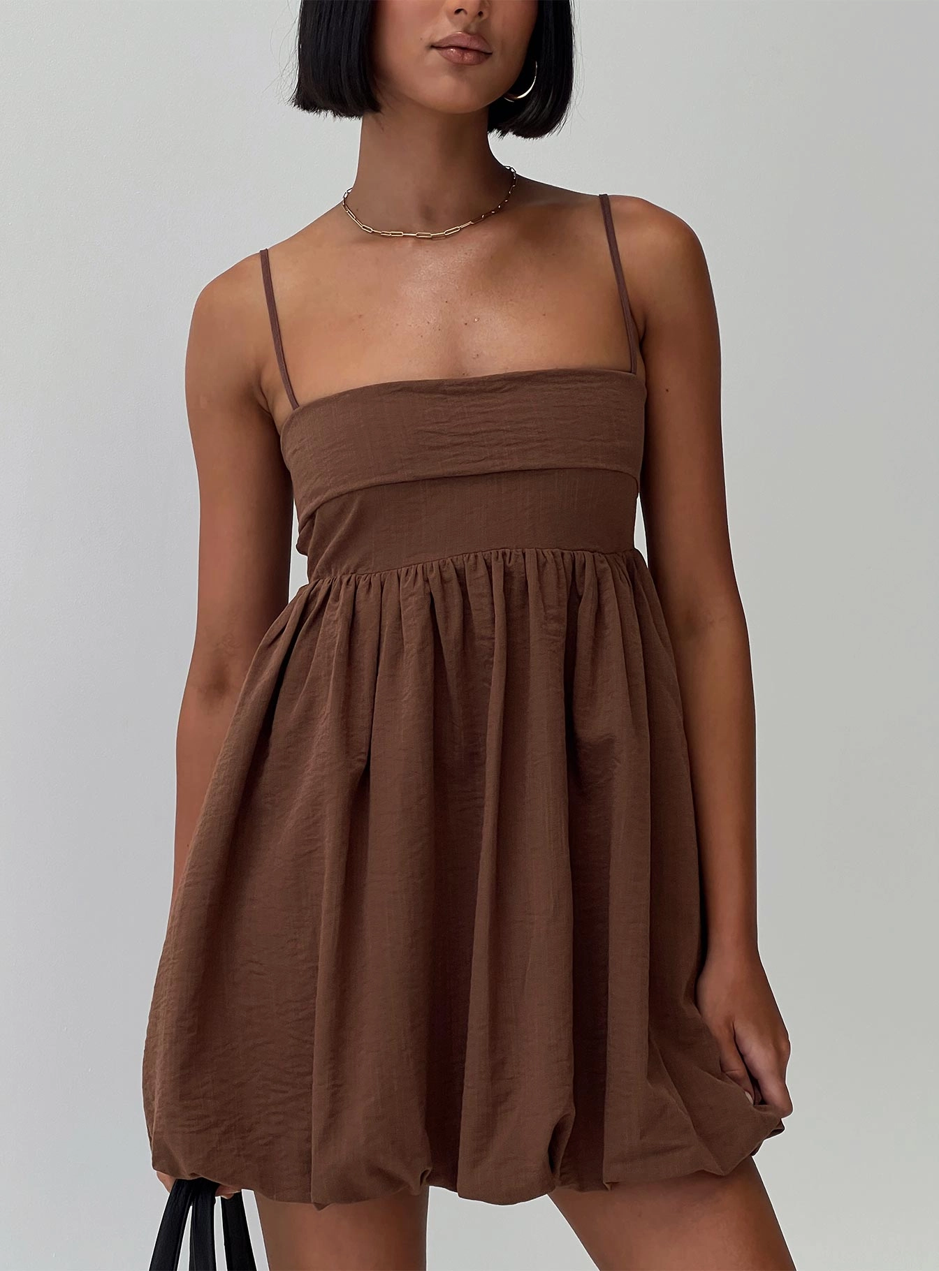 Solid-color Silky Touch Layken Bubble Hem Mini Dress Chocolate