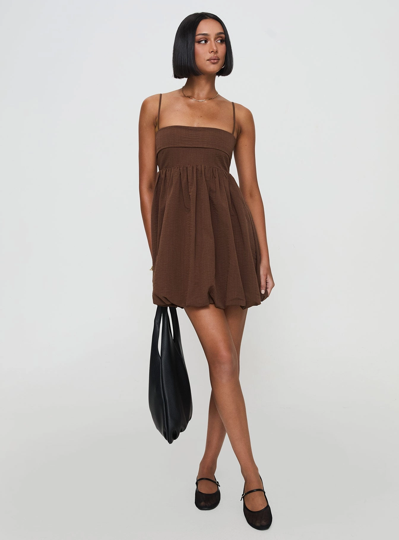 Luxe Wear Fitted Shape Layken Bubble Hem Mini Dress Chocolate