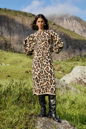Leopard Print Knit Midi Dress Masculine Ensemble Natural Flow Draped Silhouette