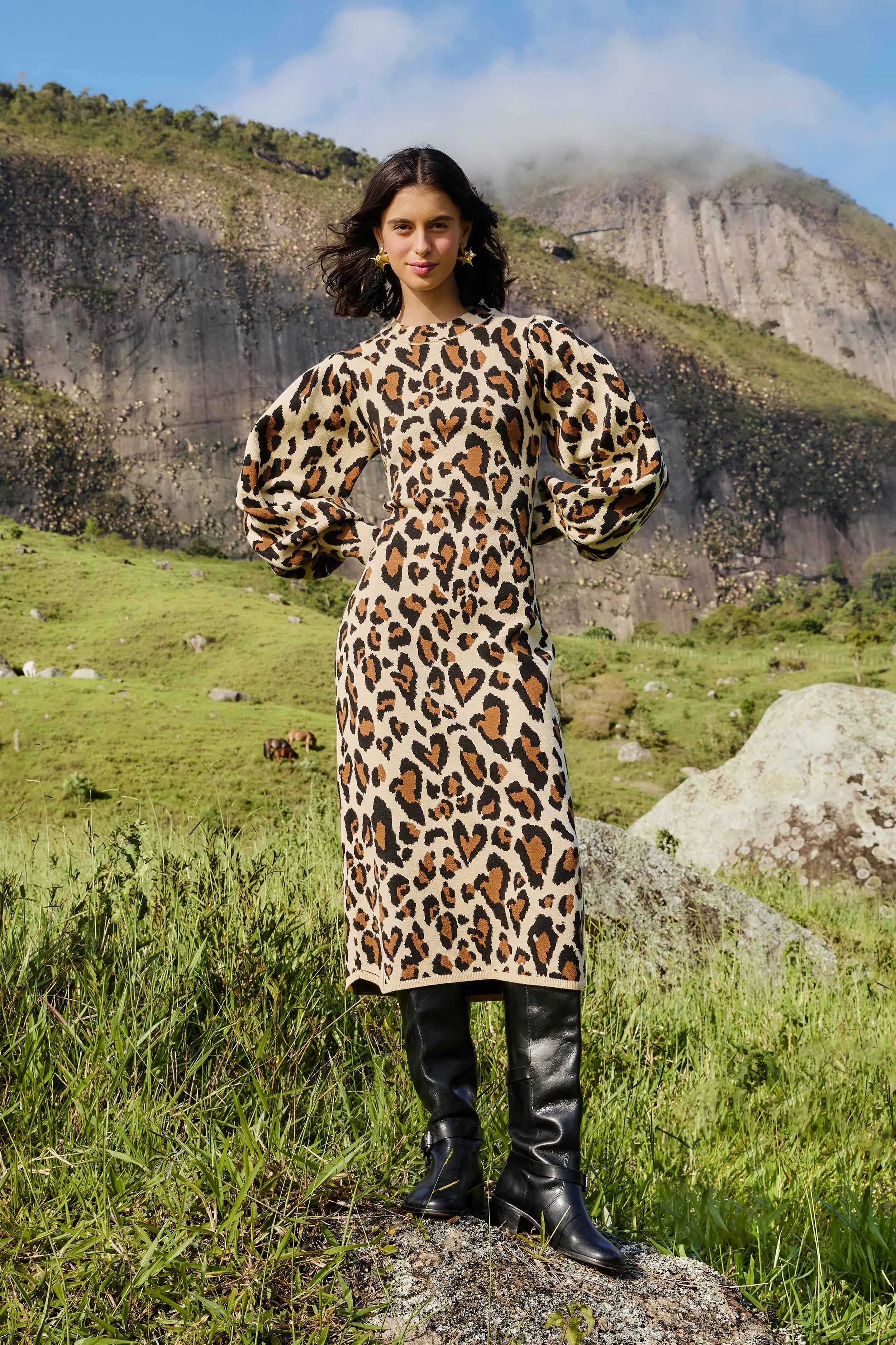 Deep Hue Leopard Print Knit Midi Dress Masculine Ensemble