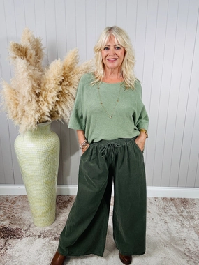 Wide Leg Cord Trousers Khaki Quick Comfort Fit