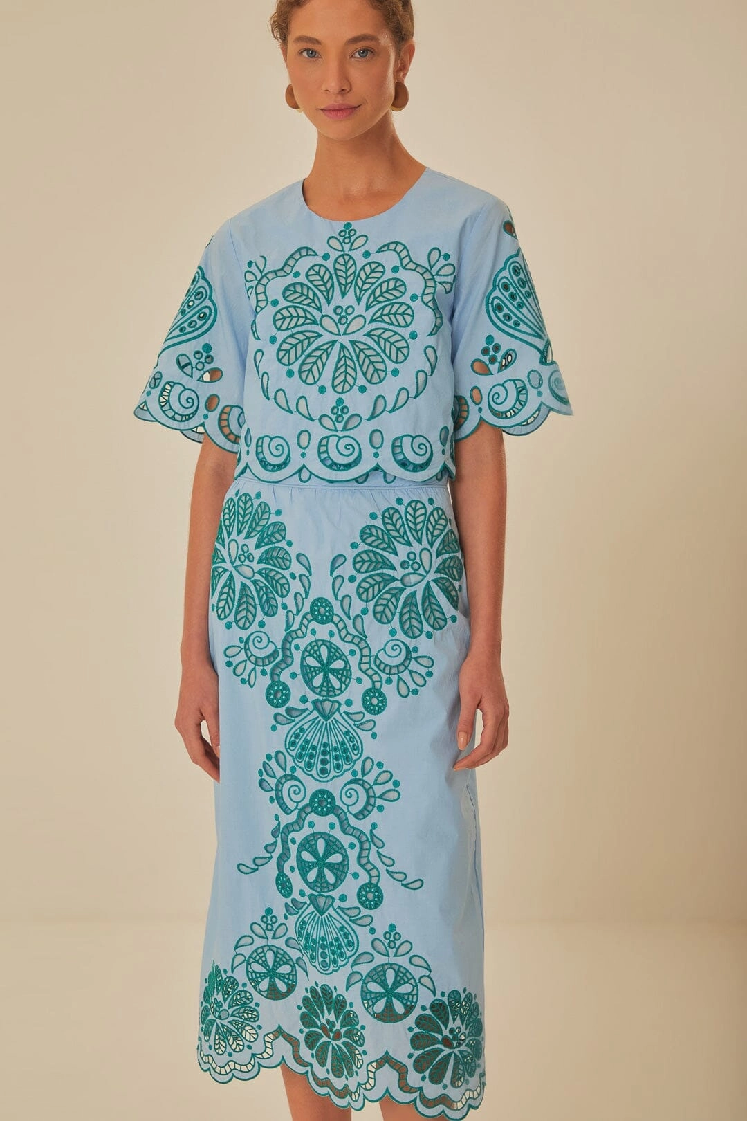 Machine washable Tassel accents Light Blue And Green Graphic Richelieu Midi Skirt