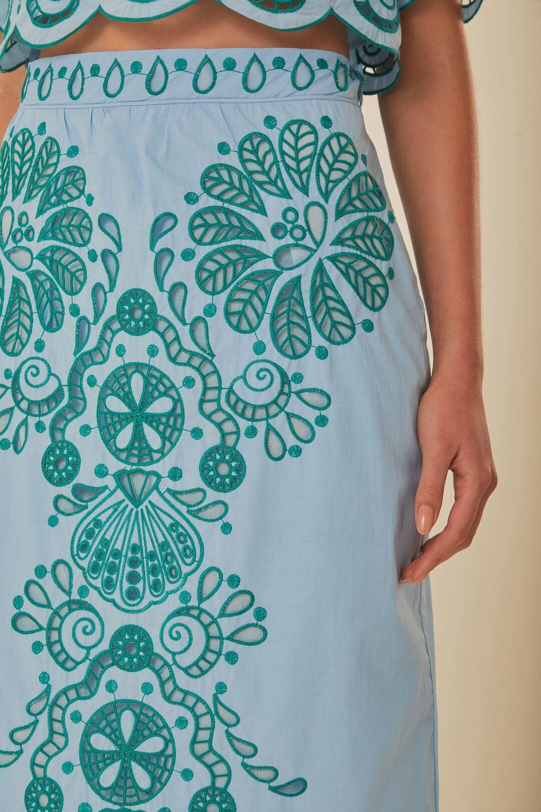 Light Blue And Green Graphic Richelieu Midi Skirt Fall Favorite Office Appropriate