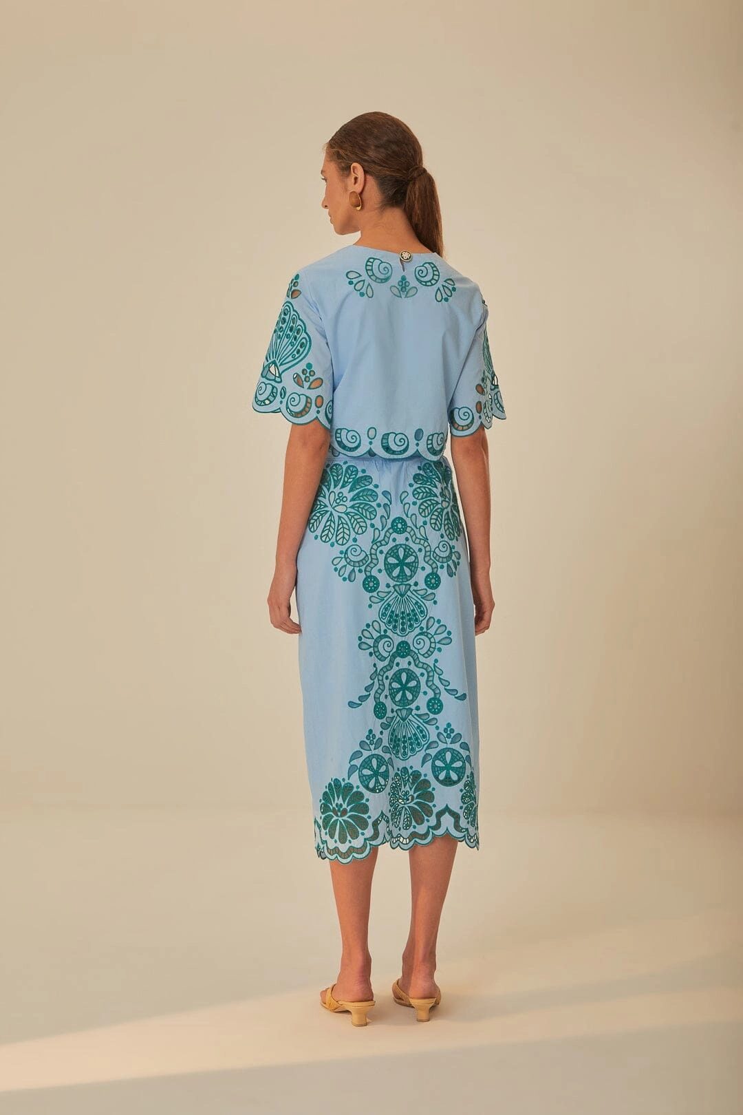Soft Finish Modern Outfit Light Blue And Green Graphic Richelieu Midi Skirt