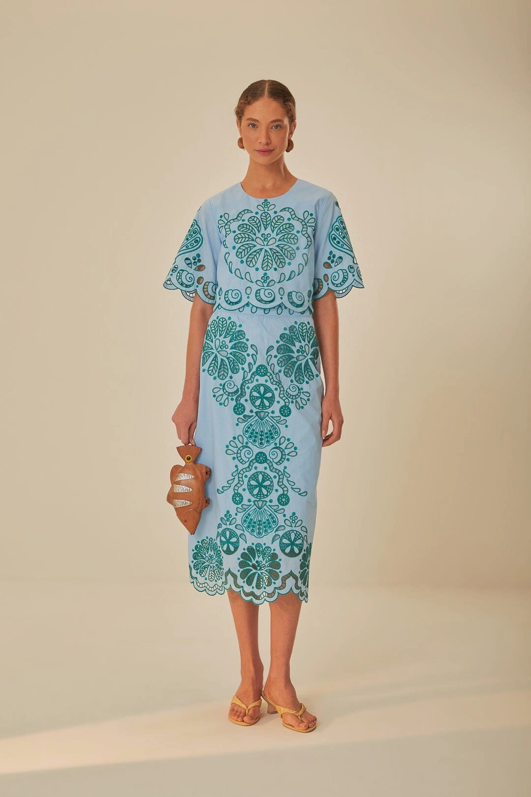 Classic Mood Wedding guest Light Blue And Green Graphic Richelieu Midi Skirt