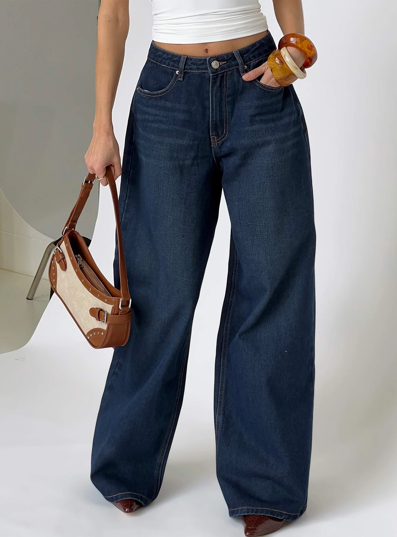 Summer Vibes Party Look Sunny Vibes Couple Look Naylor Mid Rise Wide Leg Jeans Mid Blue Denim Petite