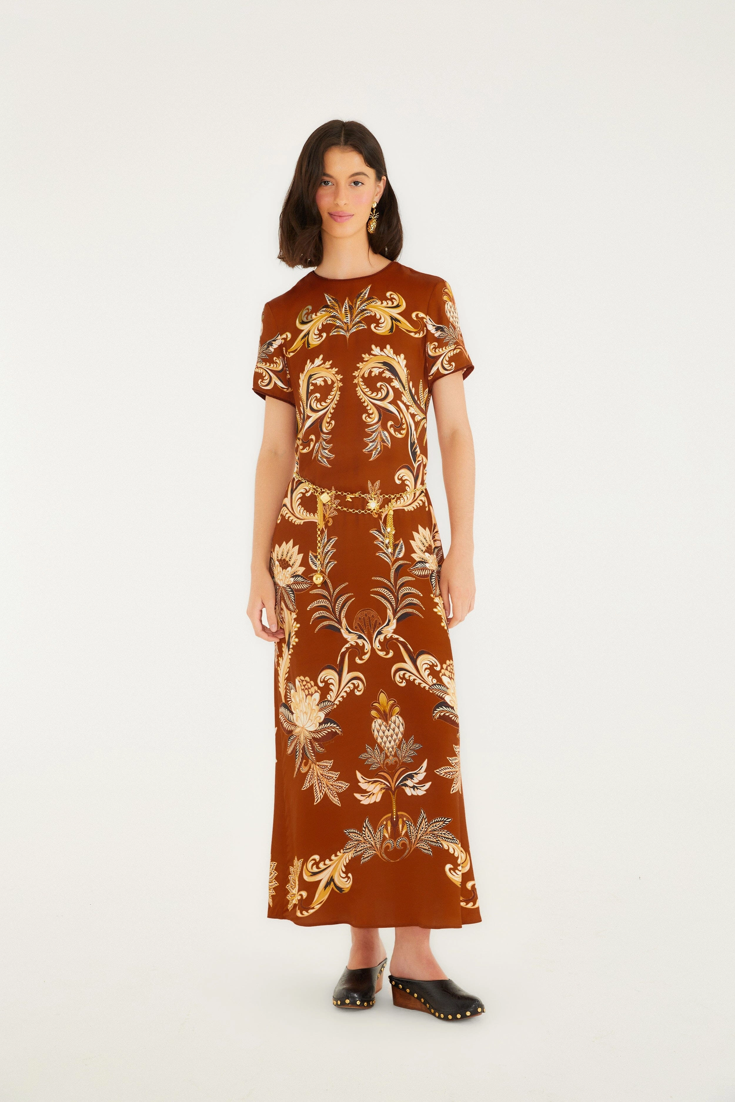 Light tone Orange Arabesque Paradise Lenzing? Ecovero? Viscose Maxi Dress Magnetic-Closure Elegant Line