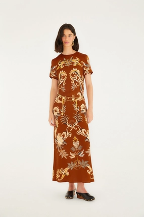 Light tone Orange Arabesque Paradise Lenzing? Ecovero? Viscose Maxi Dress Magnetic-Closure Elegant Line
