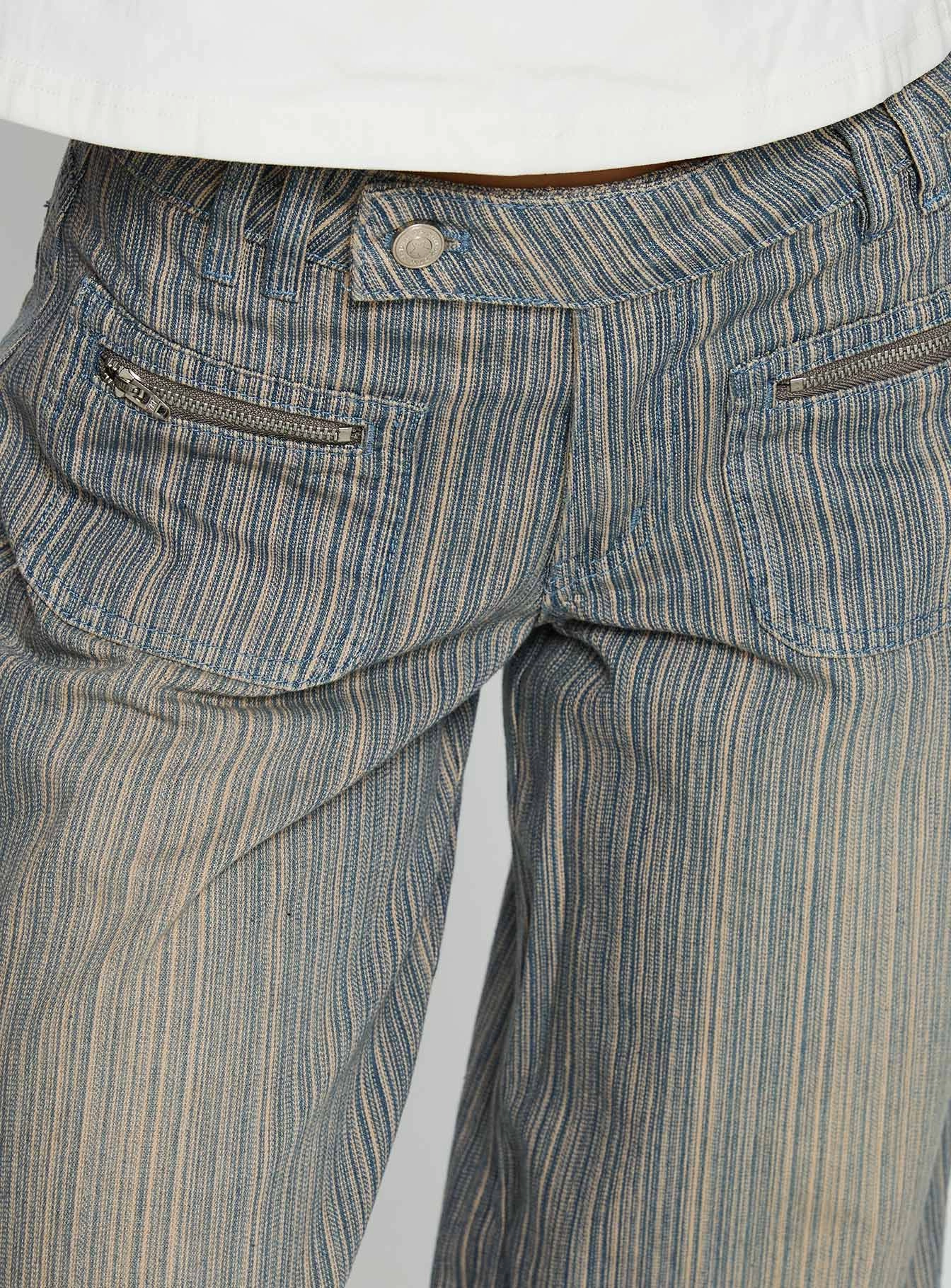 Weekend Style Casual Parent Style Lifetimes Mid Rise Wide Leg Cargo Jeans Dark Blue Stripe