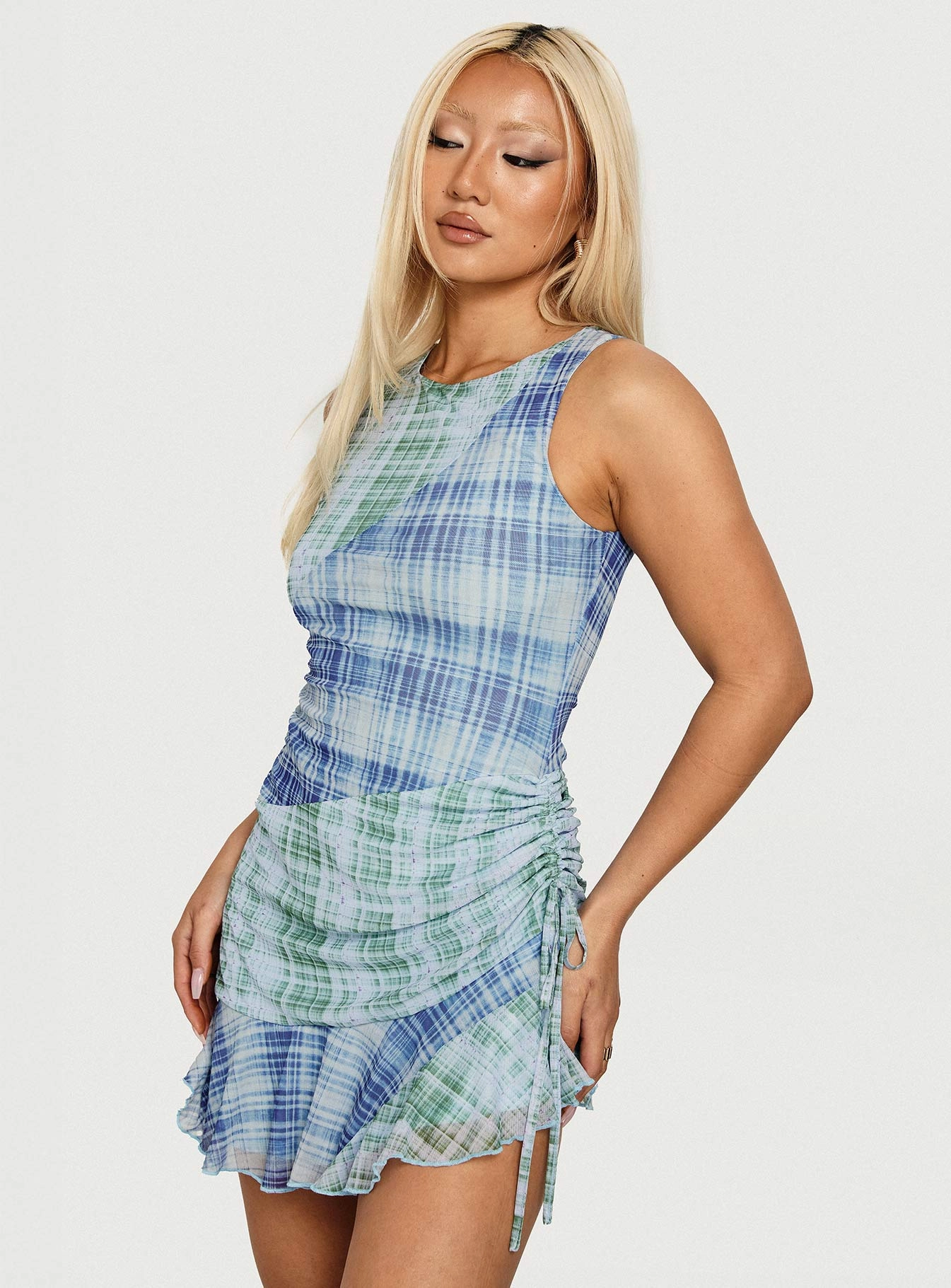 Timelapse Asymmetrical Splice Mini Dress Blue / Green Plaid London Cool Rural Charm
