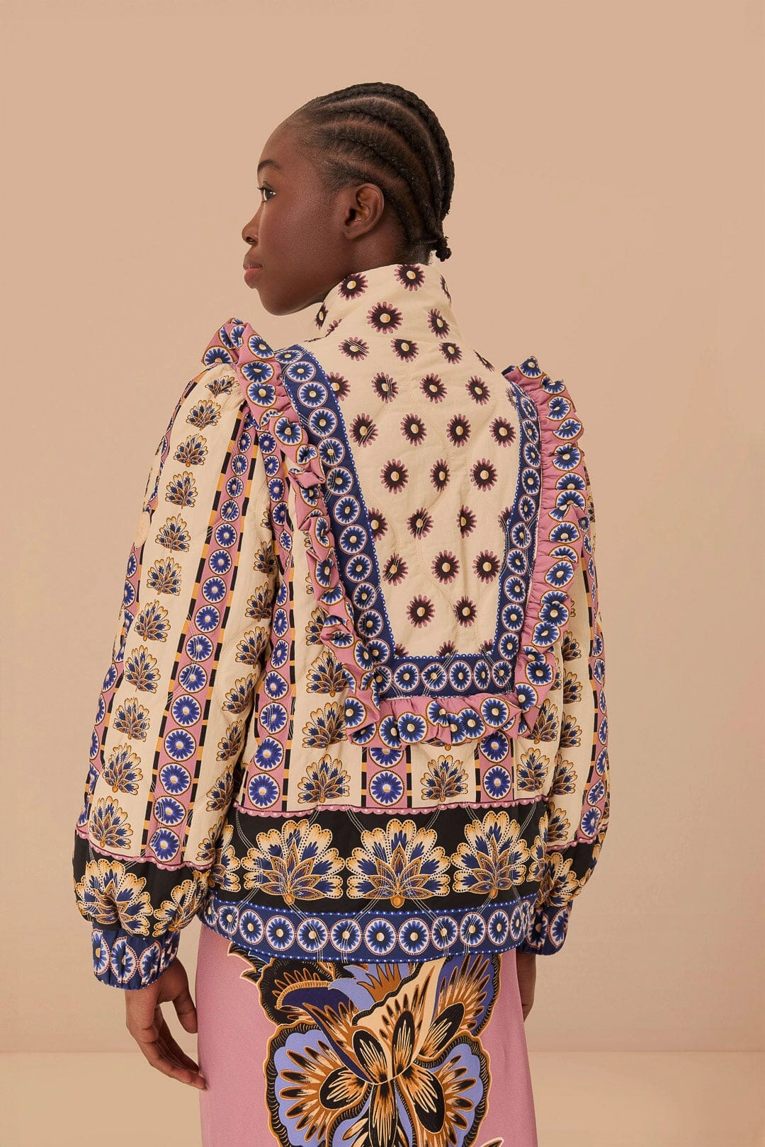 Anti Pilling Surface Treatment Taped Seam Construction Cream Ainika Maxi Floral Puffer Jacket