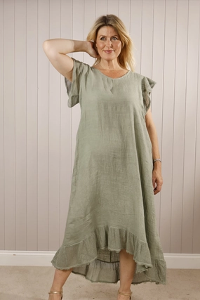 LIinen Frill Edge Maxi dress Khaki Natural Fit Casual Days