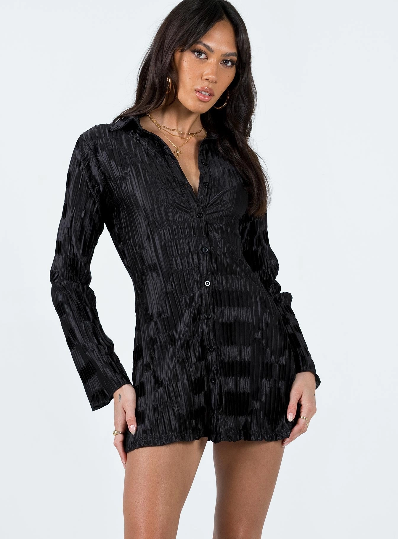Lila Shirt Dress Black Party Floral Sage Detail